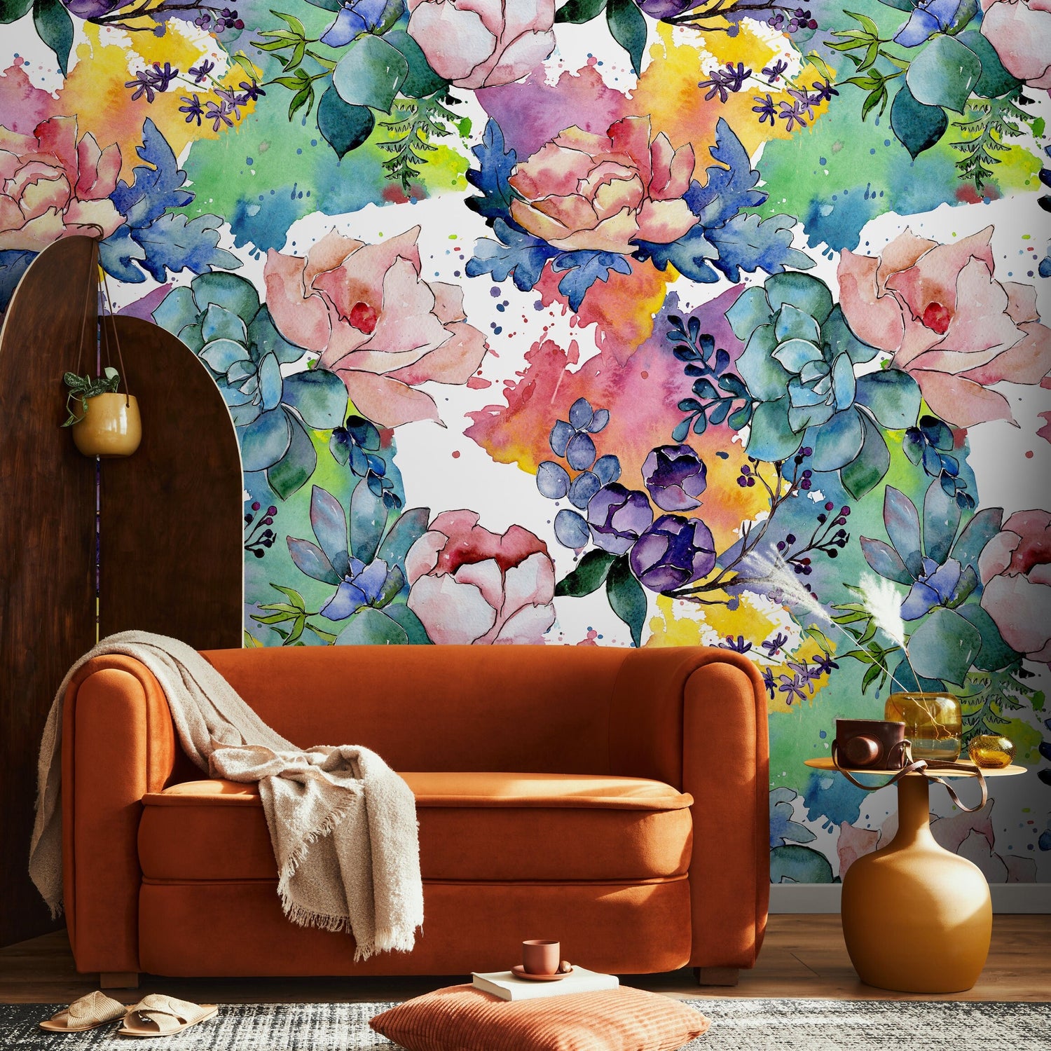 Floral Watercolor Wallpaper Peel and Stick and Traditional Wallpaper Colorful Wallpaper - B064