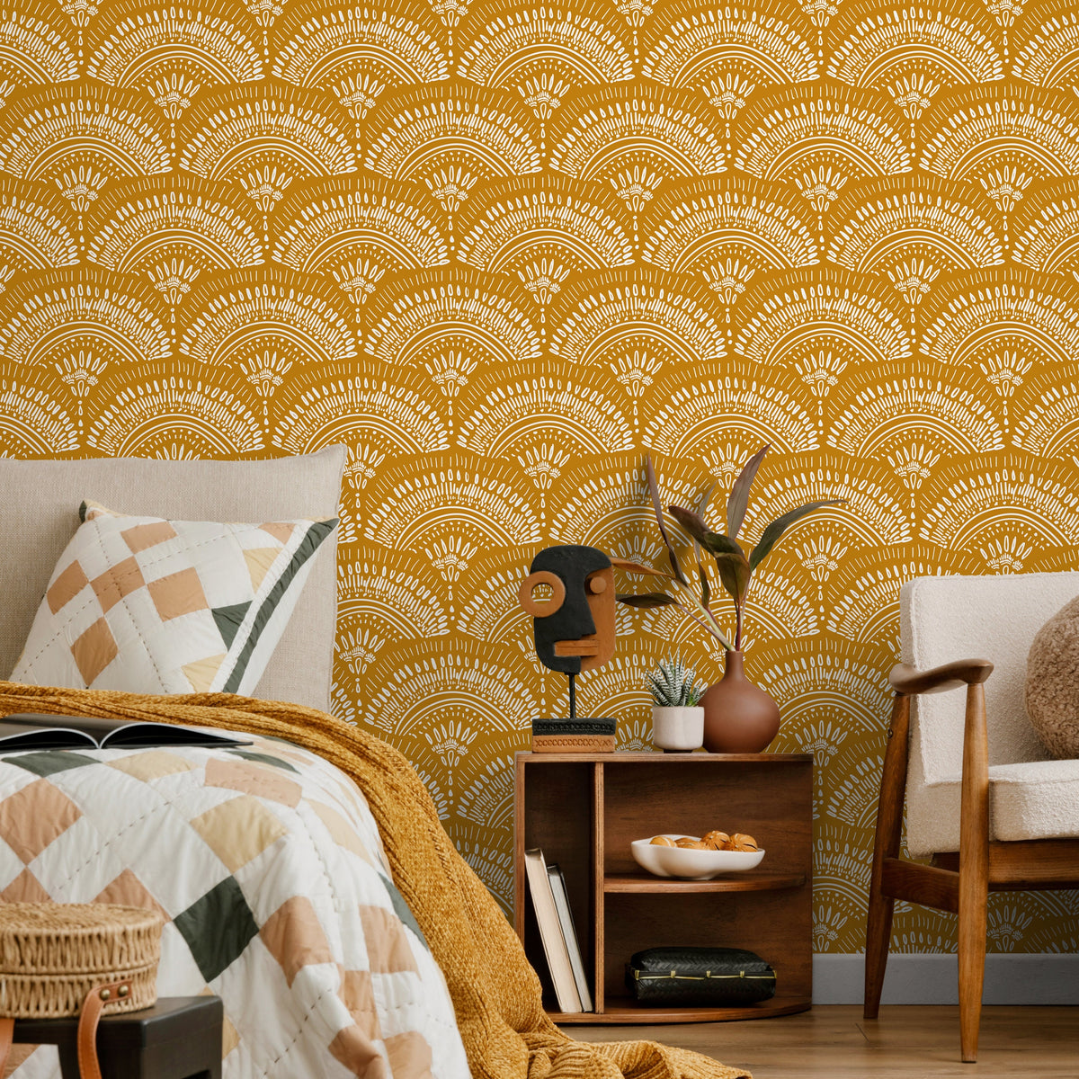 Mustard Arches Boho Wallpaper Peel and Stick and Traditional Wallpaper - B767