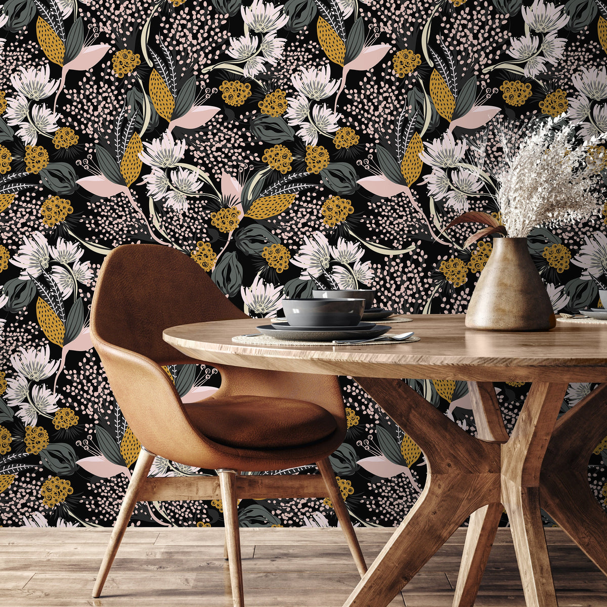 Floral Leaf Boho Wallpaper Peel and Stick and Traditional Wallpaper - B807