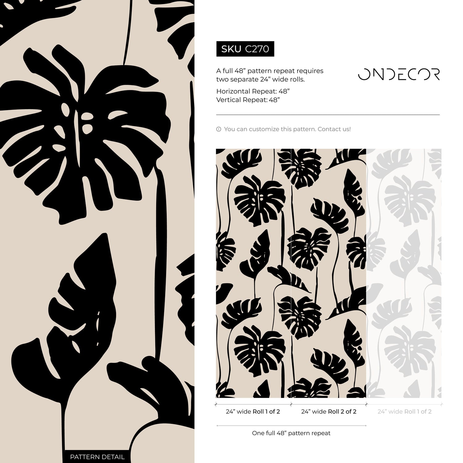 Black and Beige Monstera Wallpaper Peel and Stick and Traditional Wallpaper - C270