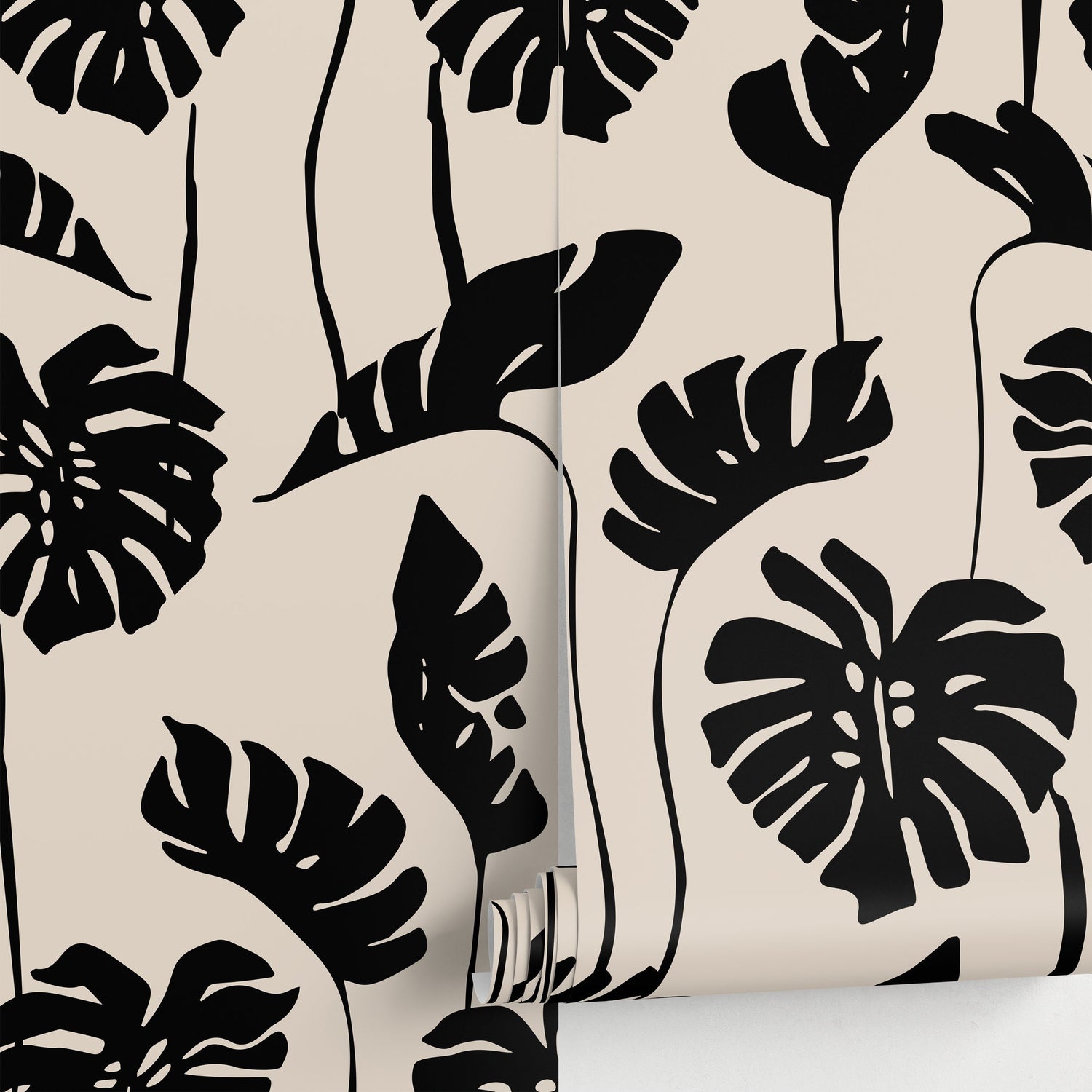 Black and Beige Monstera Wallpaper Peel and Stick and Traditional Wallpaper - C270