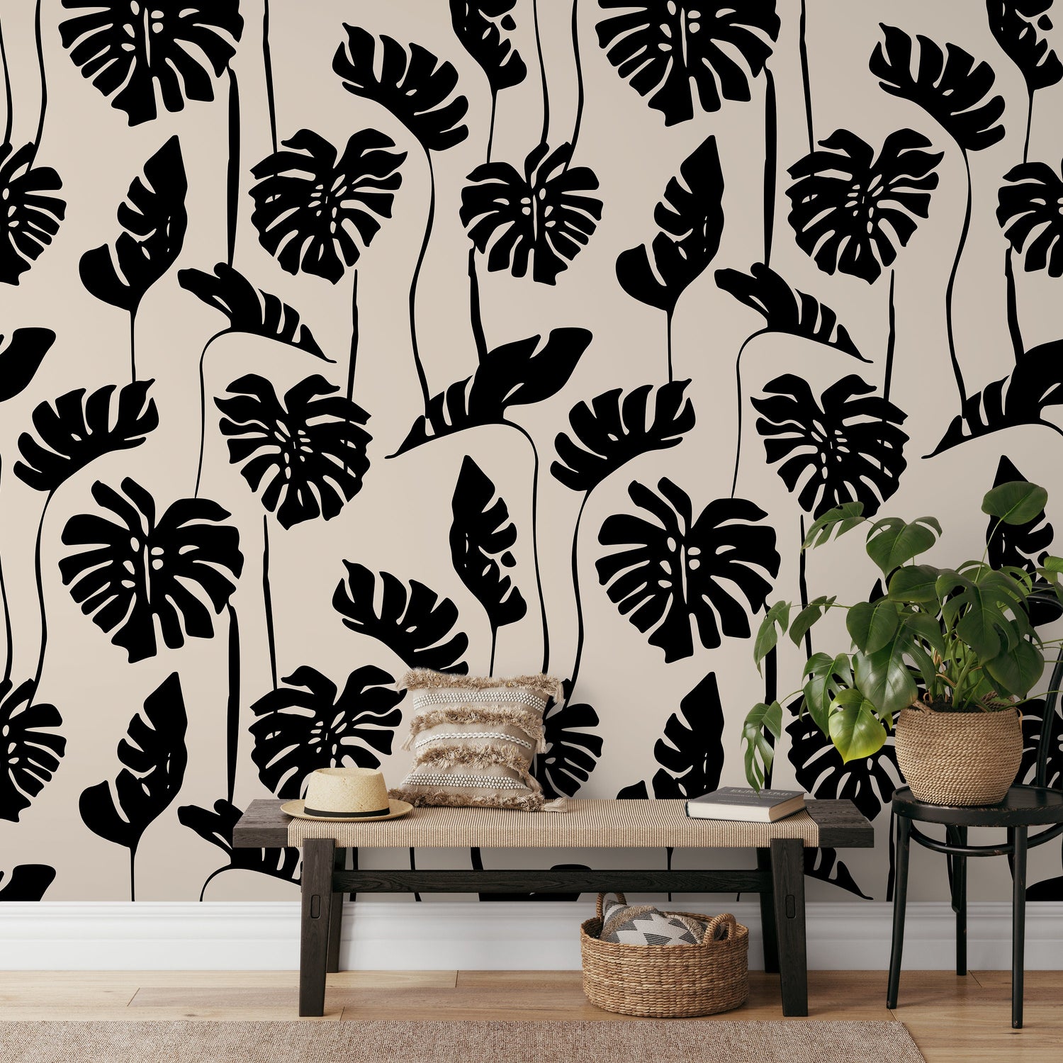 Black and Beige Monstera Wallpaper Peel and Stick and Traditional Wallpaper - C270