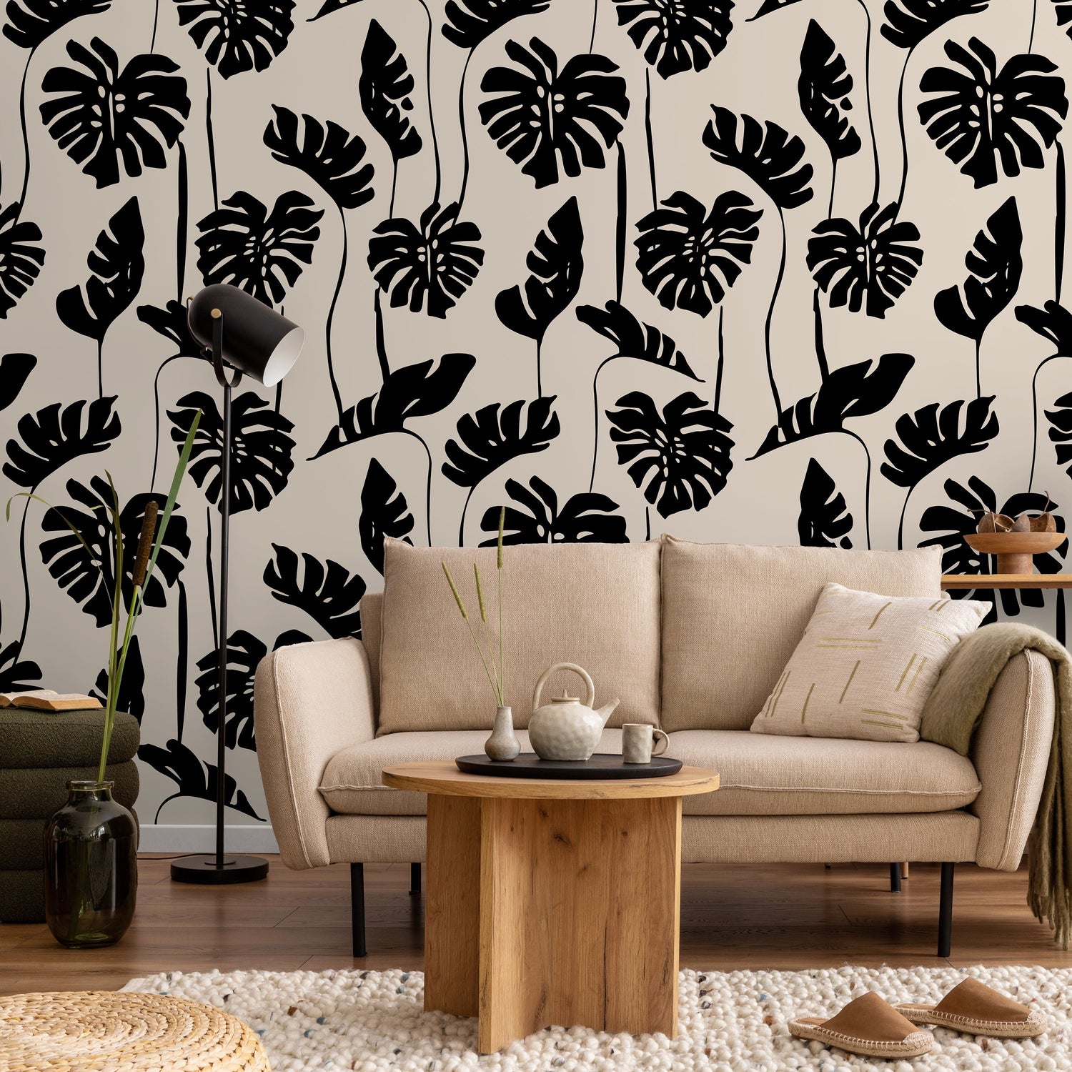 Black and Beige Monstera Wallpaper Peel and Stick and Traditional Wallpaper - C270