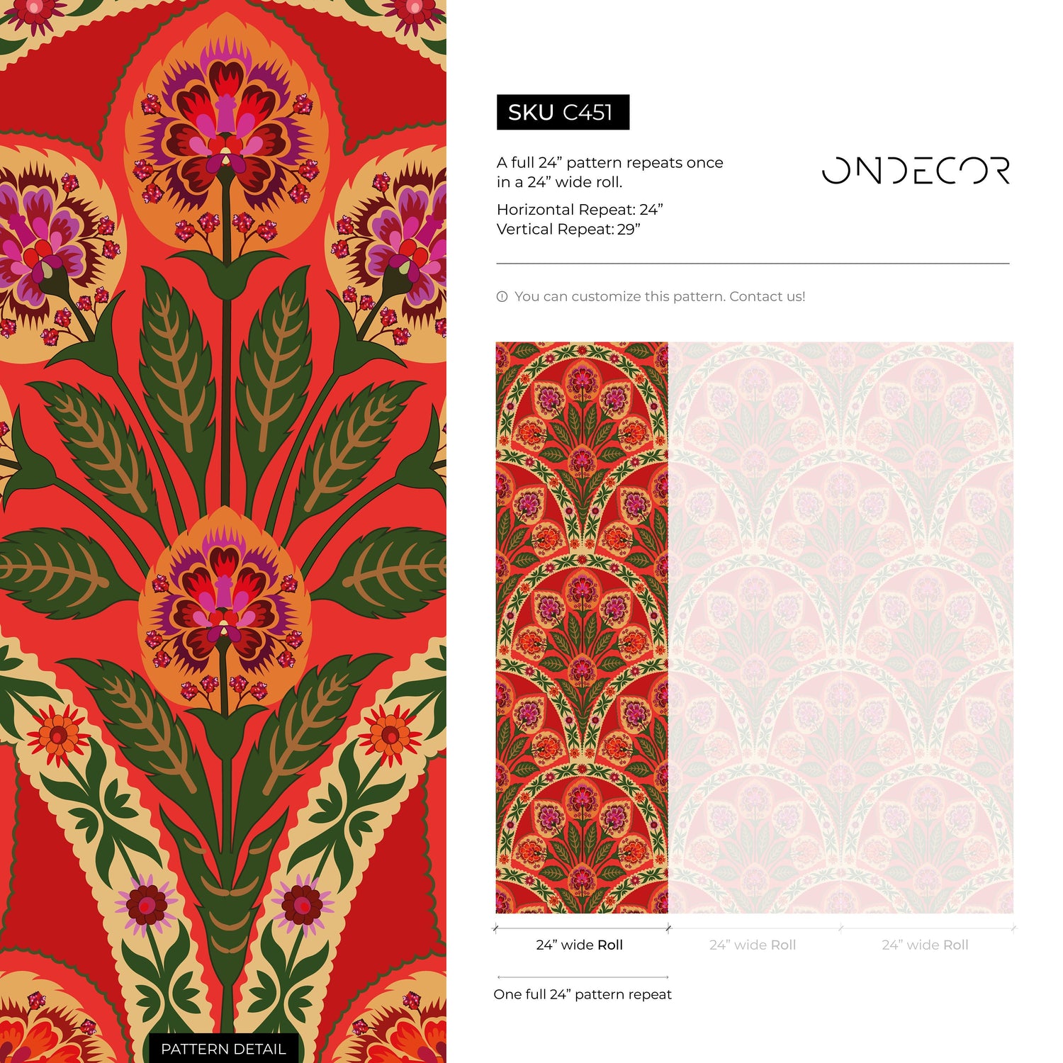 Red Boho Floral Wallpaper Peel and Stick and Traditional Wallpaper - C451