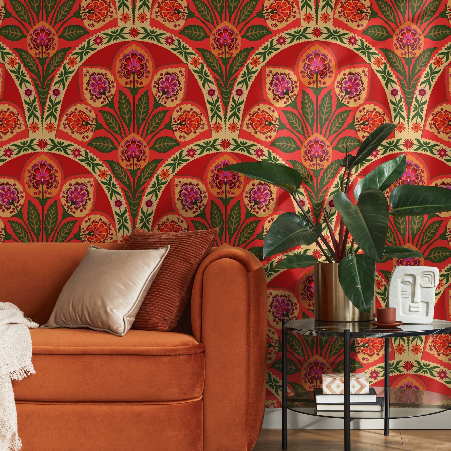 Red Boho Floral Wallpaper Peel and Stick and Traditional Wallpaper - C451