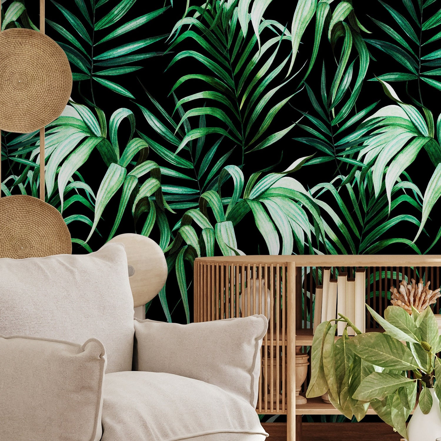 Dark Botanical Leaf Wallpaper Peel and Stick and Traditional Wallpaper - B214