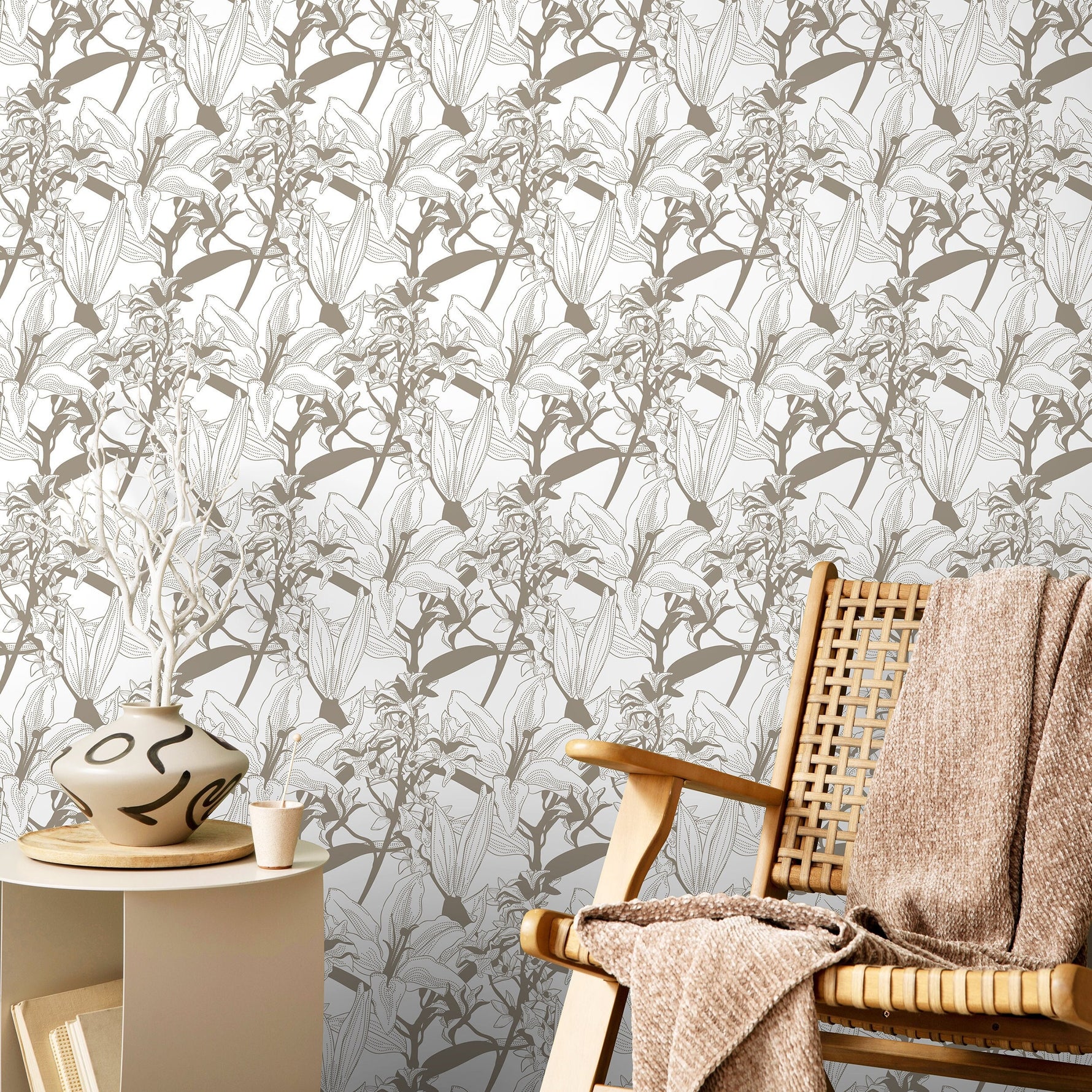 Brown Lily Floral Wallpaper / Peel and Stick Wallpaper Removable Wallpaper Home Decor Wall Art Wall Decor Room Decor - C777