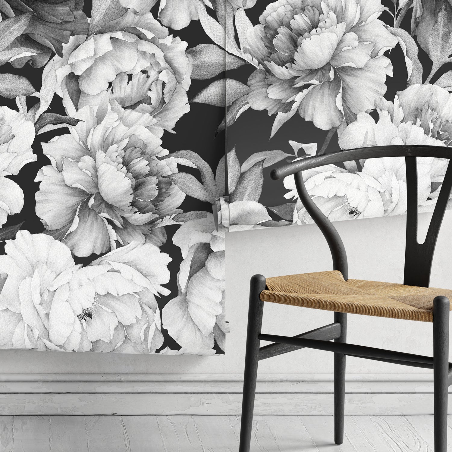 Black and White Vintage Peony Wallpaper Peel and Stick and Traditional Wallpaper - A171