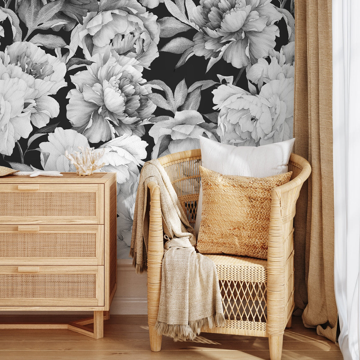 Black and White Vintage Peony Wallpaper Peel and Stick and Traditional Wallpaper - A171