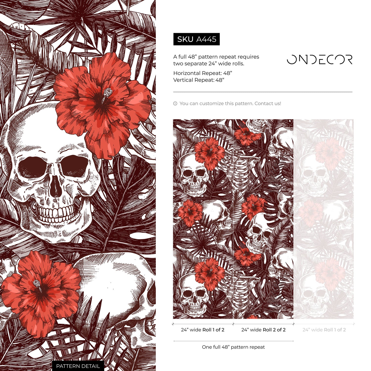 Tropical Floral Skull Wallpaper Peel and Stick and Traditional Wallpaper - A445