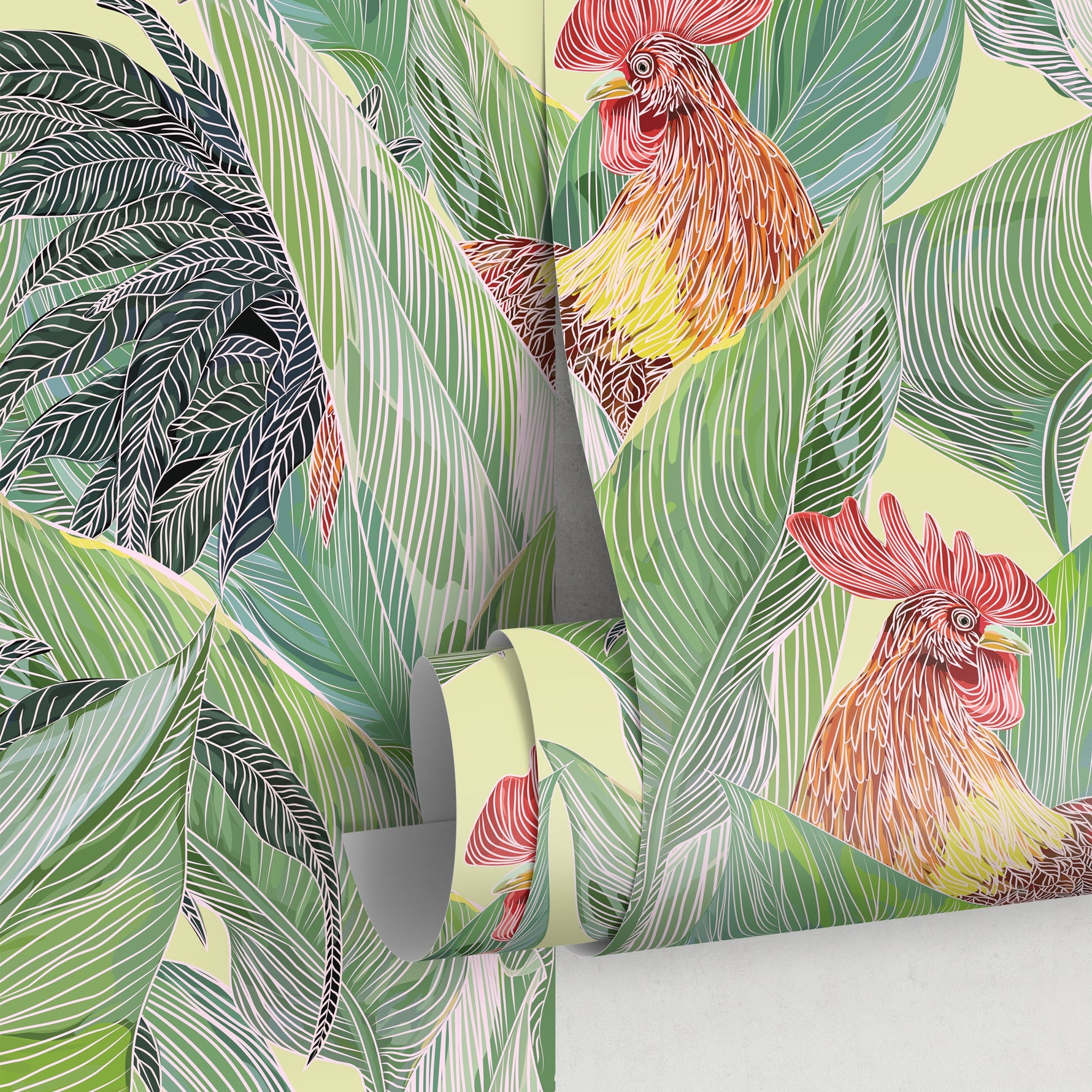 Tropical Leaf and Rooster Wallpaper Peel and Stick and Traditional Wallpaper - B128