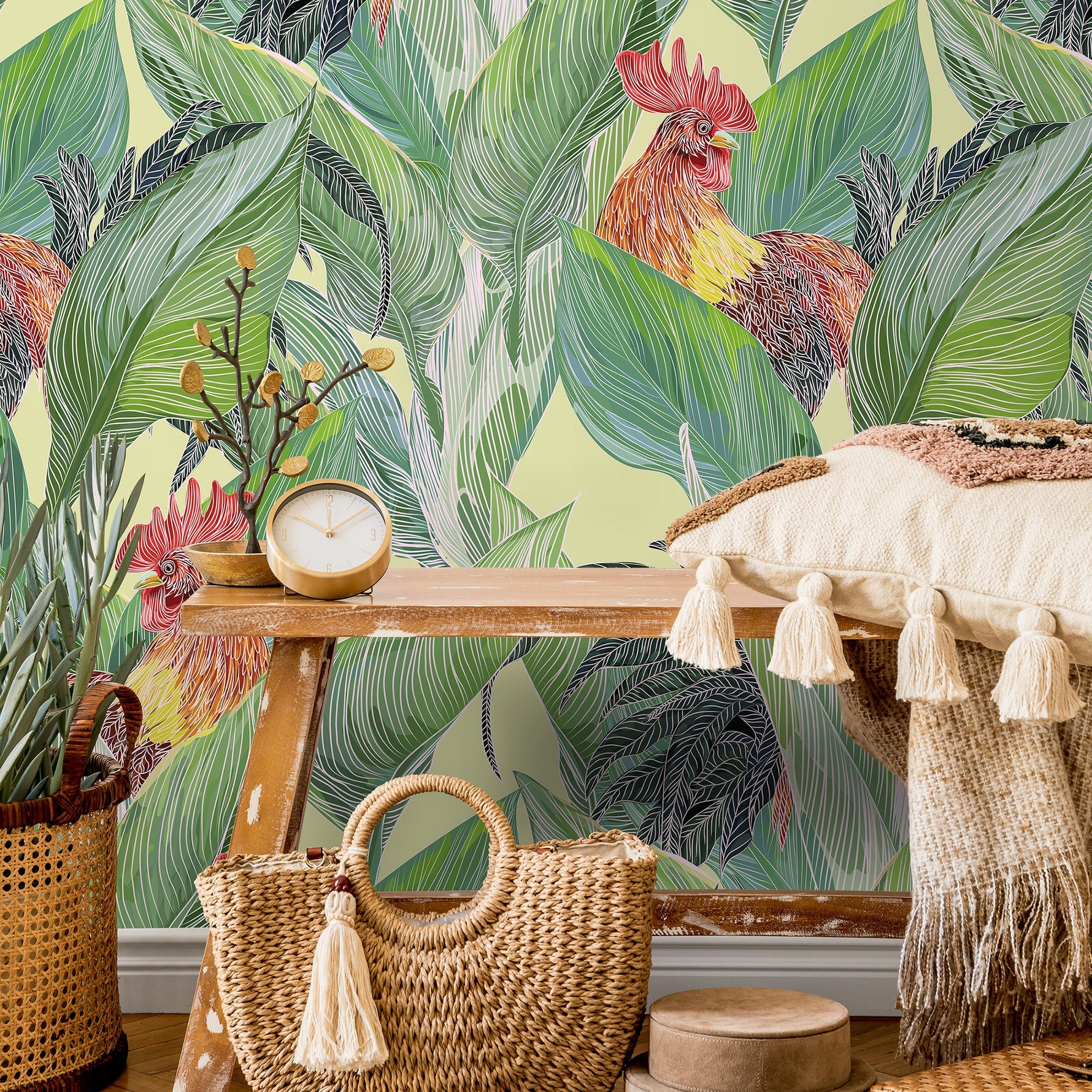 Tropical Leaf and Rooster Wallpaper Peel and Stick and Traditional Wallpaper - B128