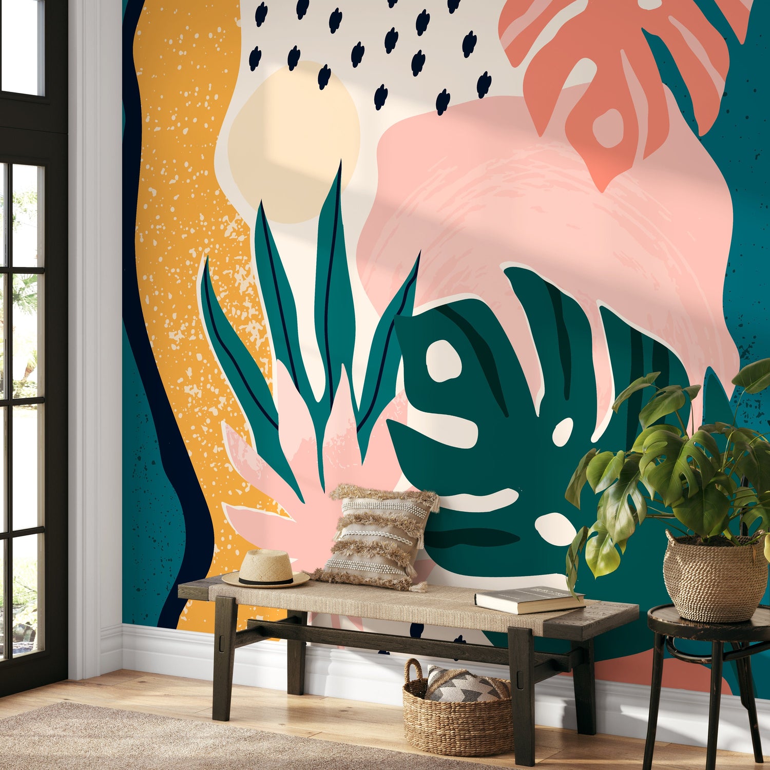 Tropical Abstract Monstera Mural Wallpaper Peel and Stick and Traditional Wallpaper - B500