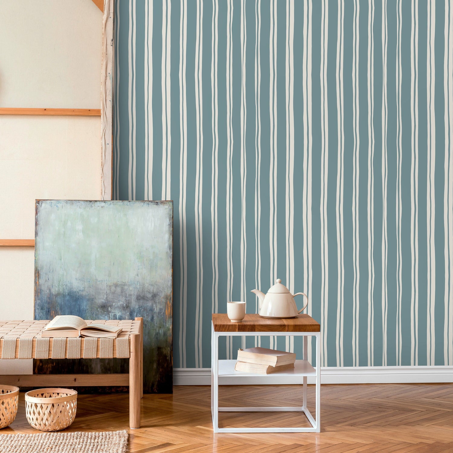 Light Blue Lines Wallpaper Boho Striped Wallpaper Peel and Stick and Traditional Wallpaper - D765