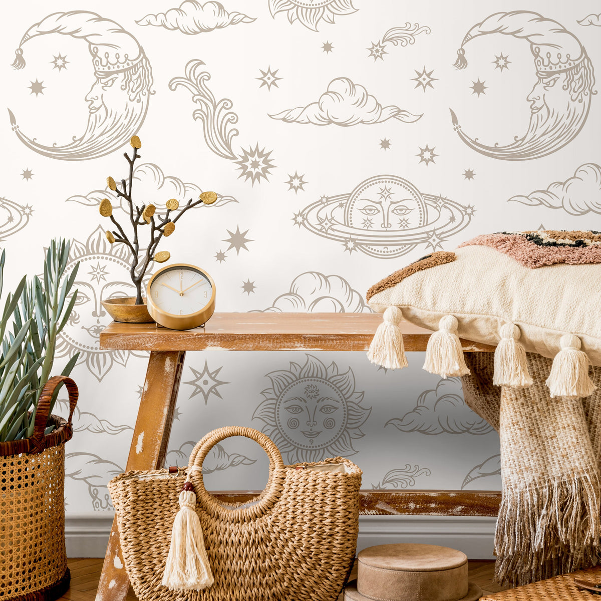 Mystique and Celestial Wallpaper Removable Peel and Stick Wallpaper, Peel and Stick Wallpaper Neutral Moon and Sun - ZABD