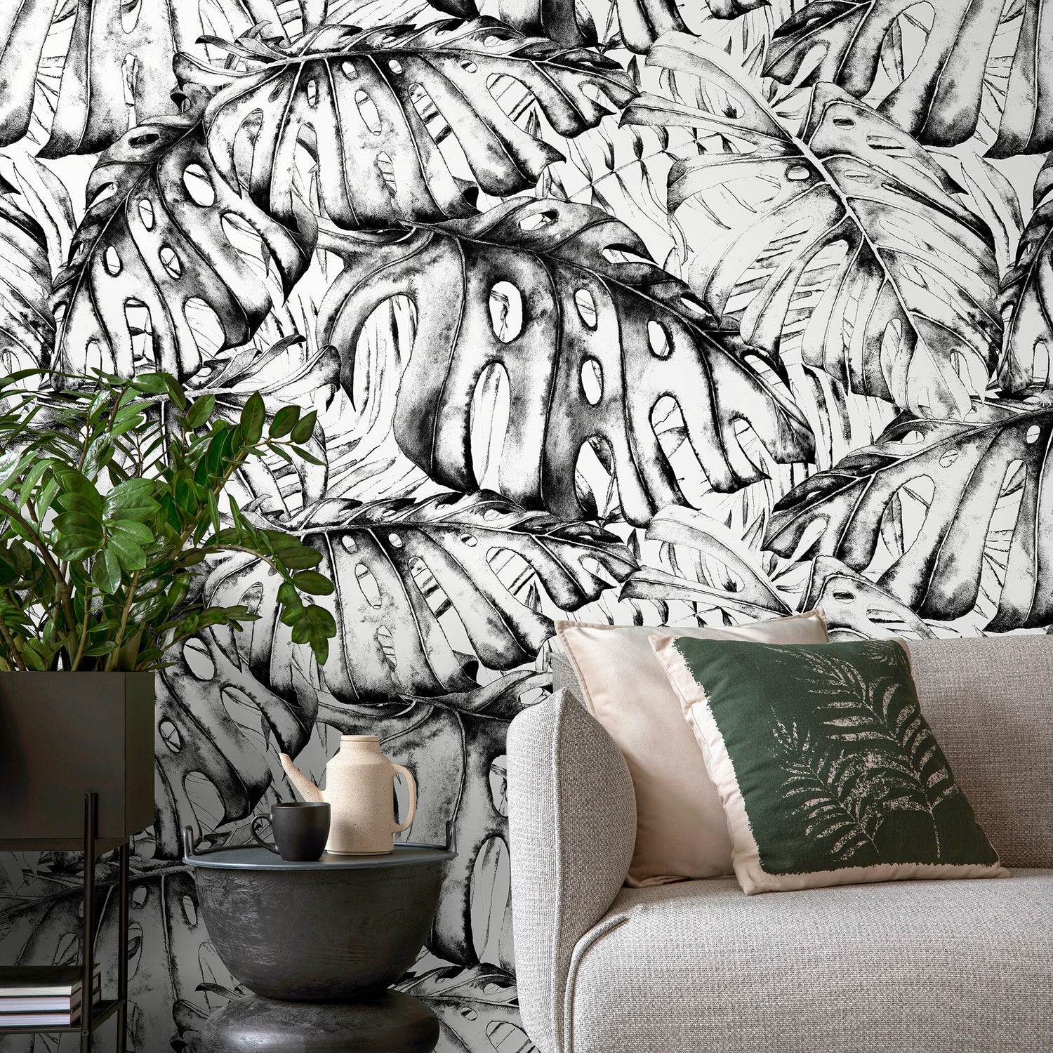 Wall Decor Wallpaper Peel and Stick Wallpaper Removable Wallpaper Home Decor Wall Art Room Decor / Black and White Leaves Wallpaper - B778