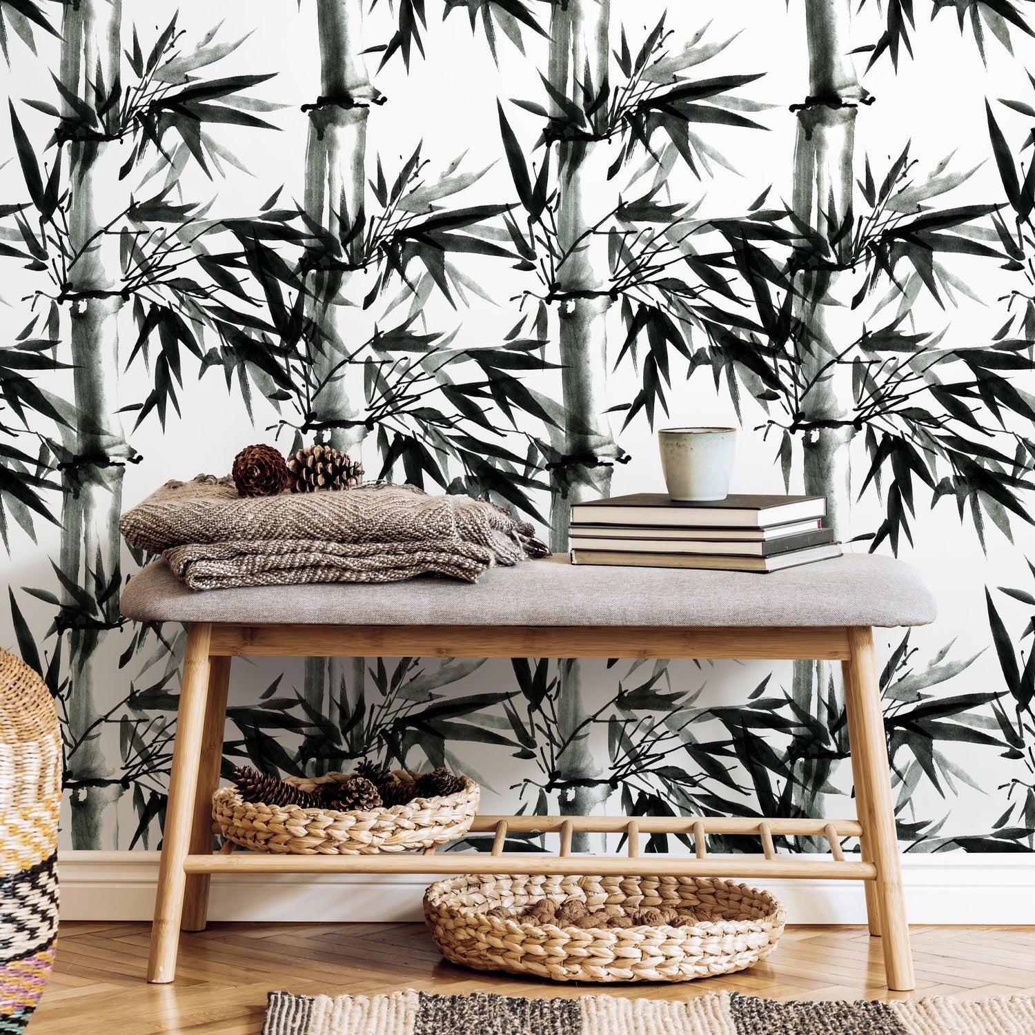 Wallpaper Peel and Stick Wallpaper Removable Wallpaper Home Decor Room Decor / Black and White Japanese Wallpaper, Bamboo Wallpaper - B051