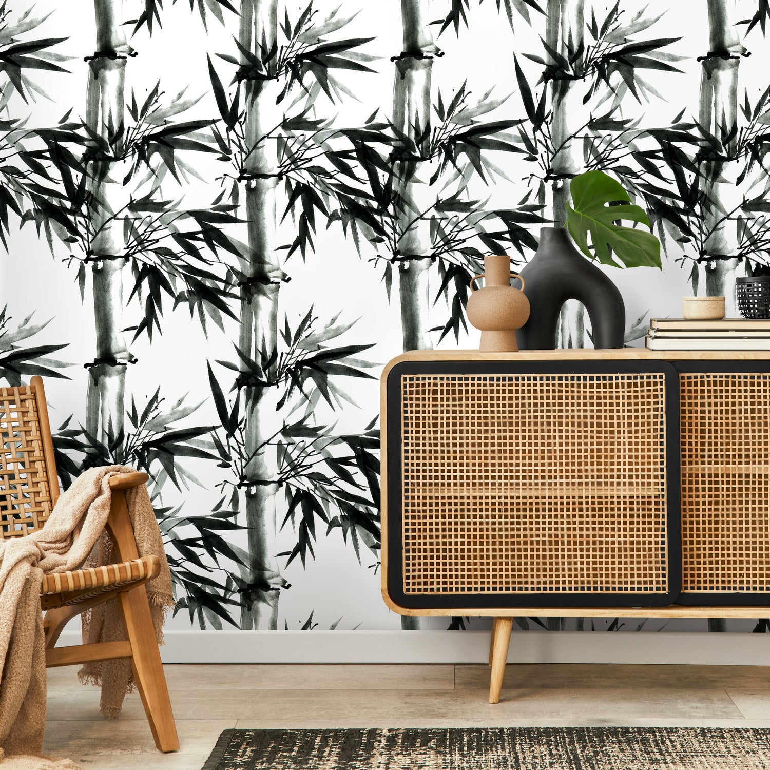 Wallpaper Peel and Stick Wallpaper Removable Wallpaper Home Decor Room Decor / Black and White Japanese Wallpaper, Bamboo Wallpaper - B051