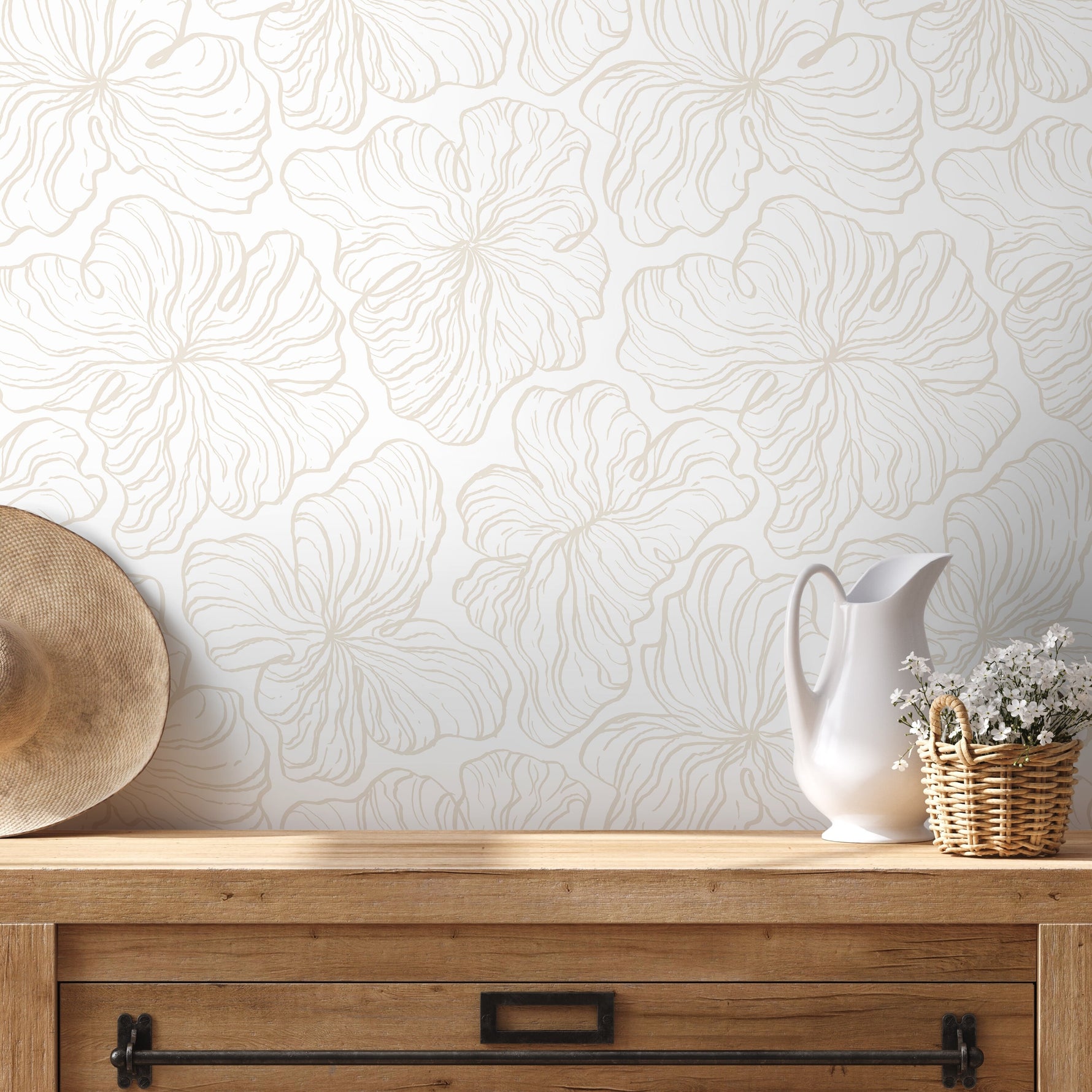 Beige Floral Pattern Wallpaper / Peel and Stick Wallpaper Removable Wallpaper Home Decor Wall Art Wall Decor Room Decor - C669