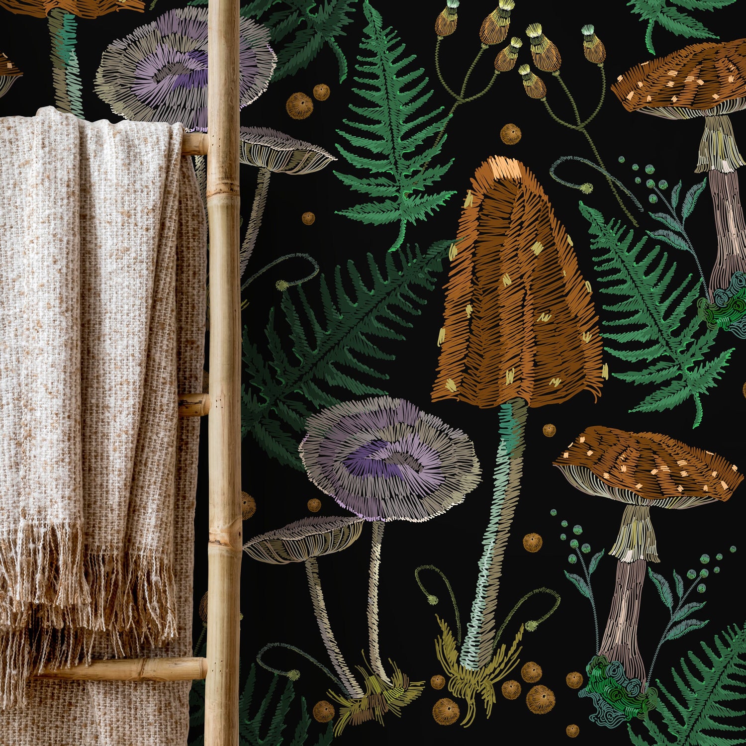 Mushroom Garden Wallpaper Dark Floral Wallpaper Peel and Stick and Traditional Wallpaper - D814