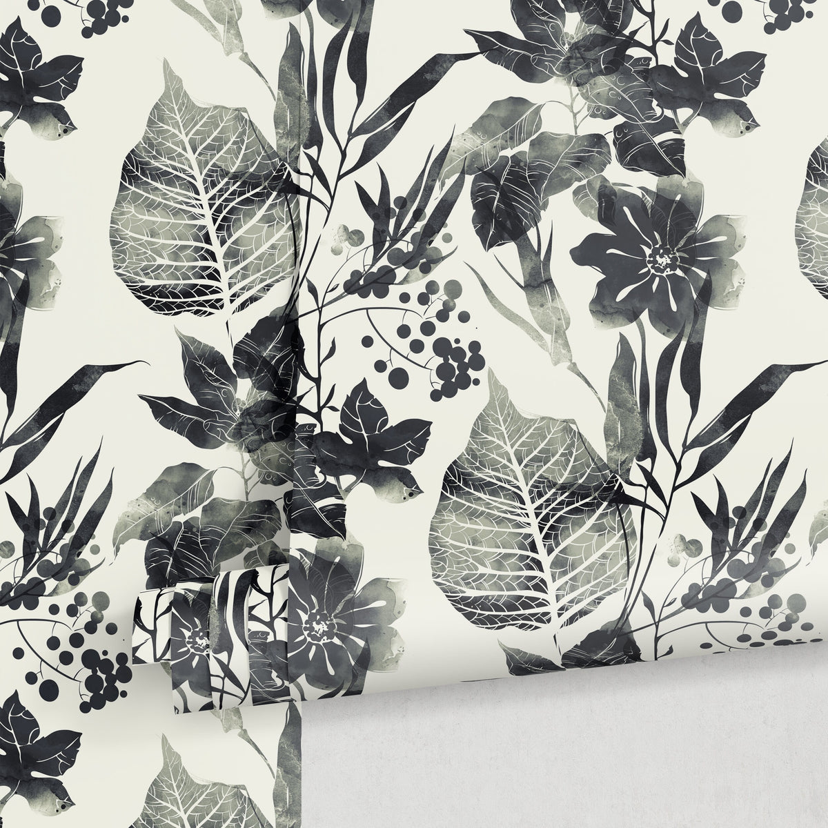 Watercolor Flowers Black and White Wallpaper, Self-adhesive Removable Wallpaper, Peel and Stick Fabric Wallpaper, Wallpaper - D956