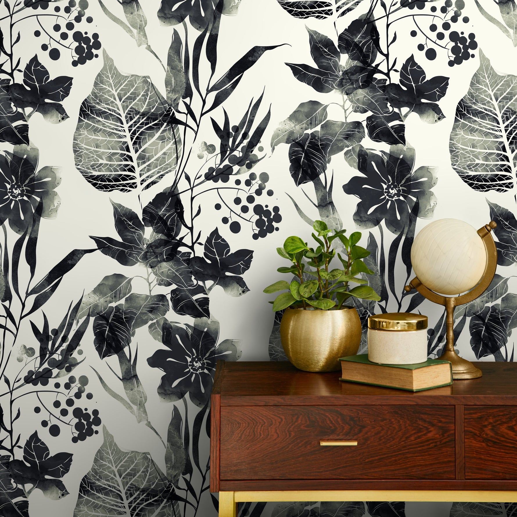 Watercolor Flowers Black and White Wallpaper, Self-adhesive Removable Wallpaper, Peel and Stick Fabric Wallpaper, Wallpaper - D956