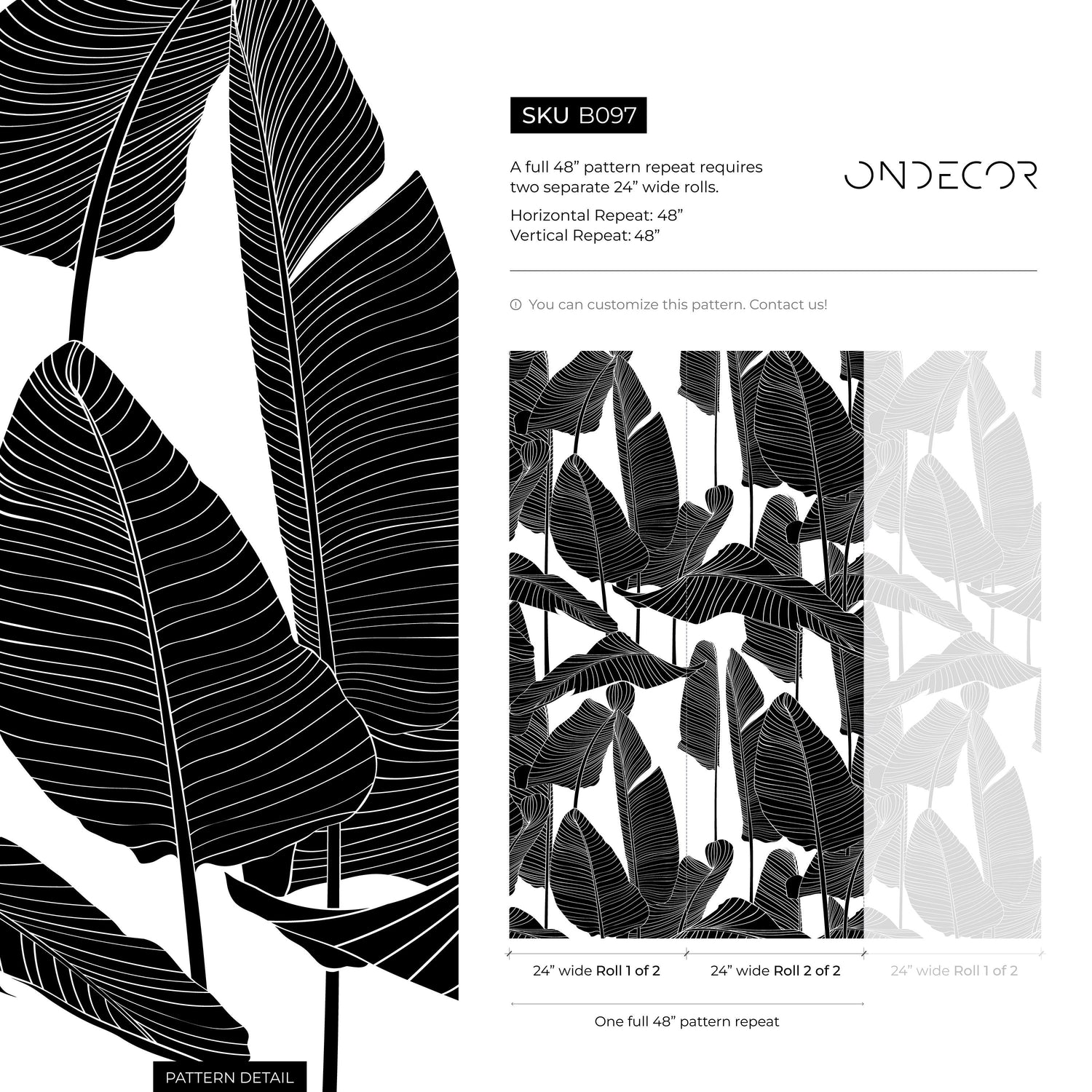 Wallpaper Peel and Stick Wallpaper Removable Wallpaper Home Decor / Black and White Banana Leaf Wallpaper Tropical boho Wallpaper - B097