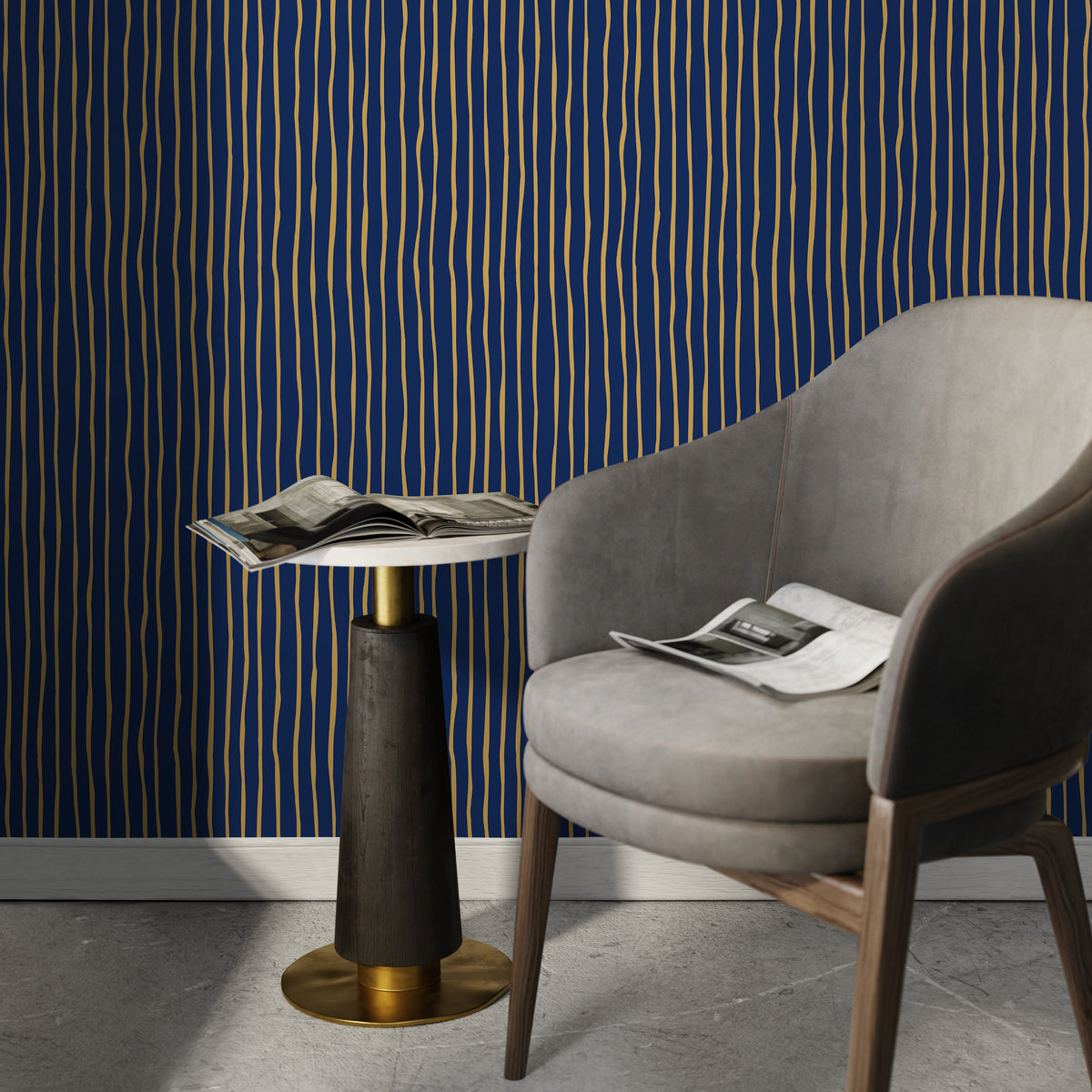 Gold and Navy Striped Wallpaper Modern Peel and Stick and Traditional Wallpaper - D774