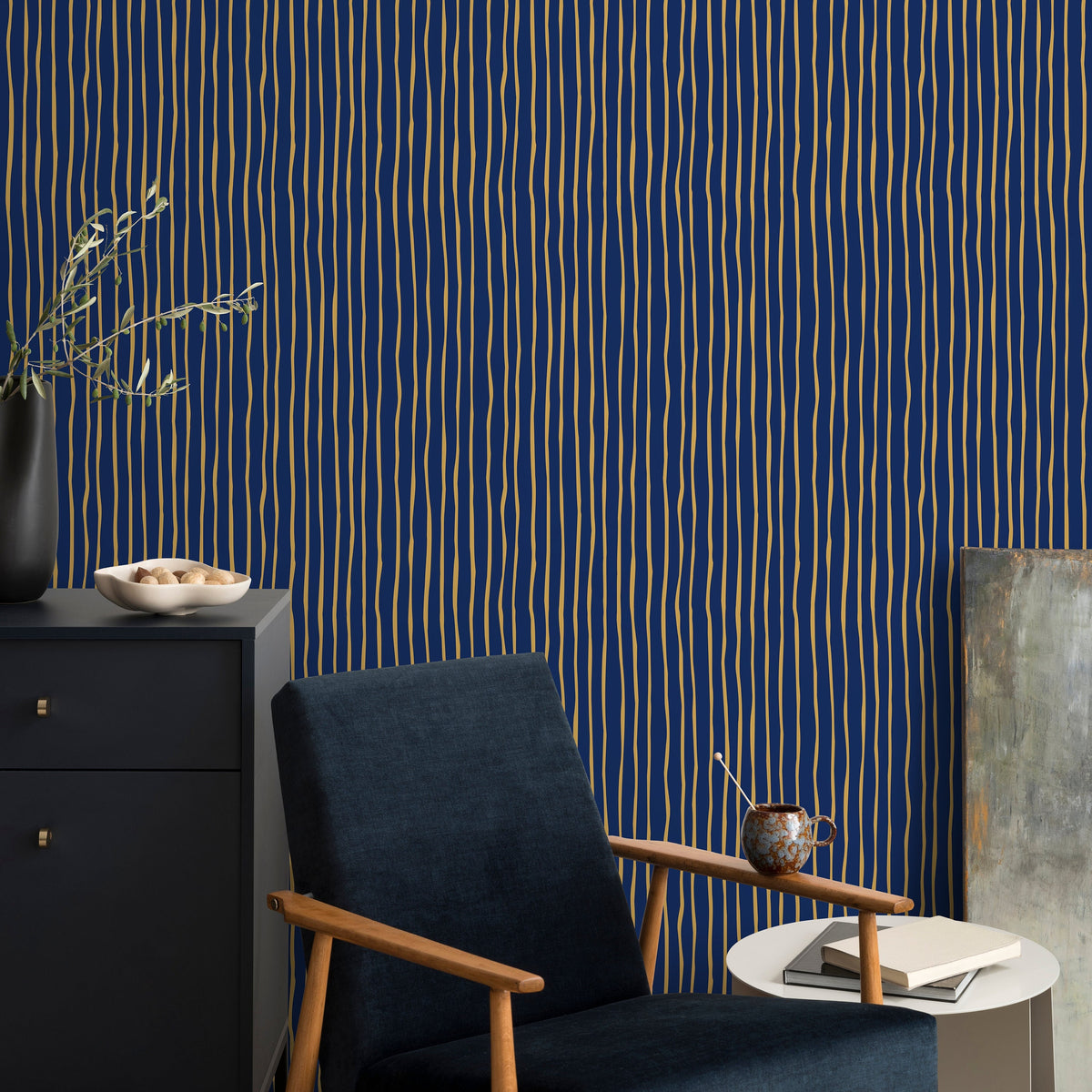 Gold and Navy Striped Wallpaper Modern Peel and Stick and Traditional Wallpaper - D774