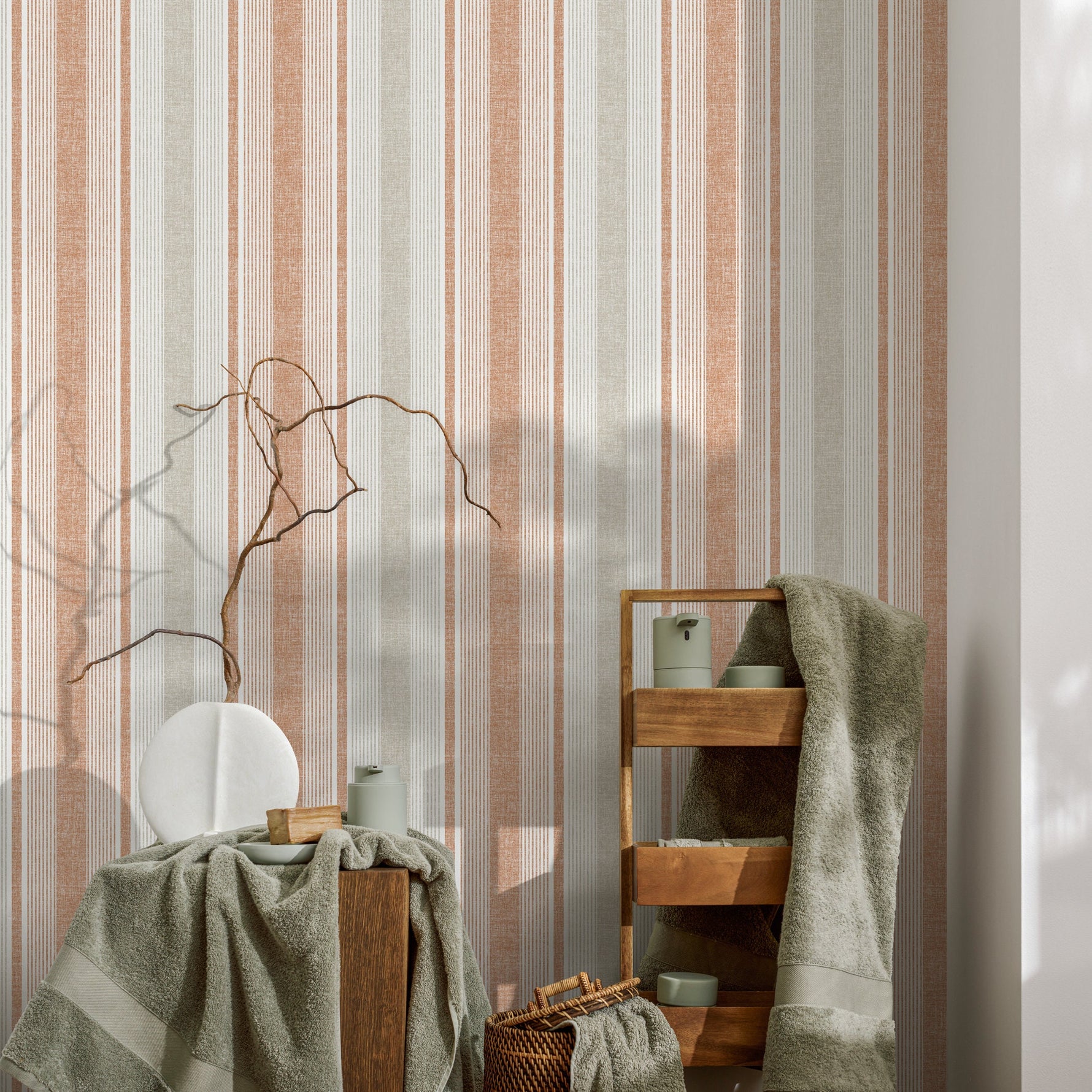 Textured Striped Wallpaper Orange and Grey Wallpaper Peel and Stick and Traditional Wallpaper - D839