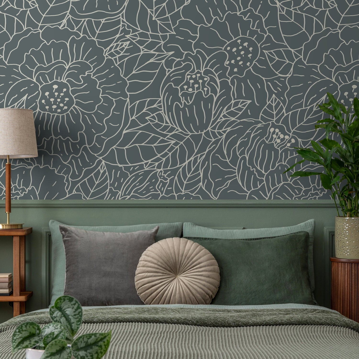 Dark Floral and Leaf Wallpaper / Peel and Stick Wallpaper Removable Wallpaper Home Decor Wall Art Wall Decor Room Decor - C954