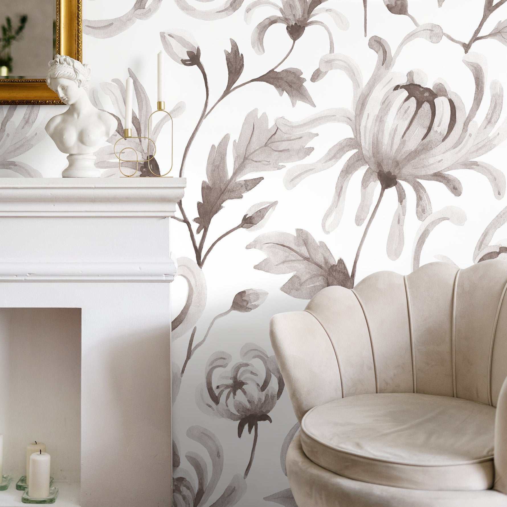 Gray Vintage Floral Wallpaper / Peel and Stick Wallpaper Removable Wallpaper Home Decor Wall Art Wall Decor Room Decor - C955