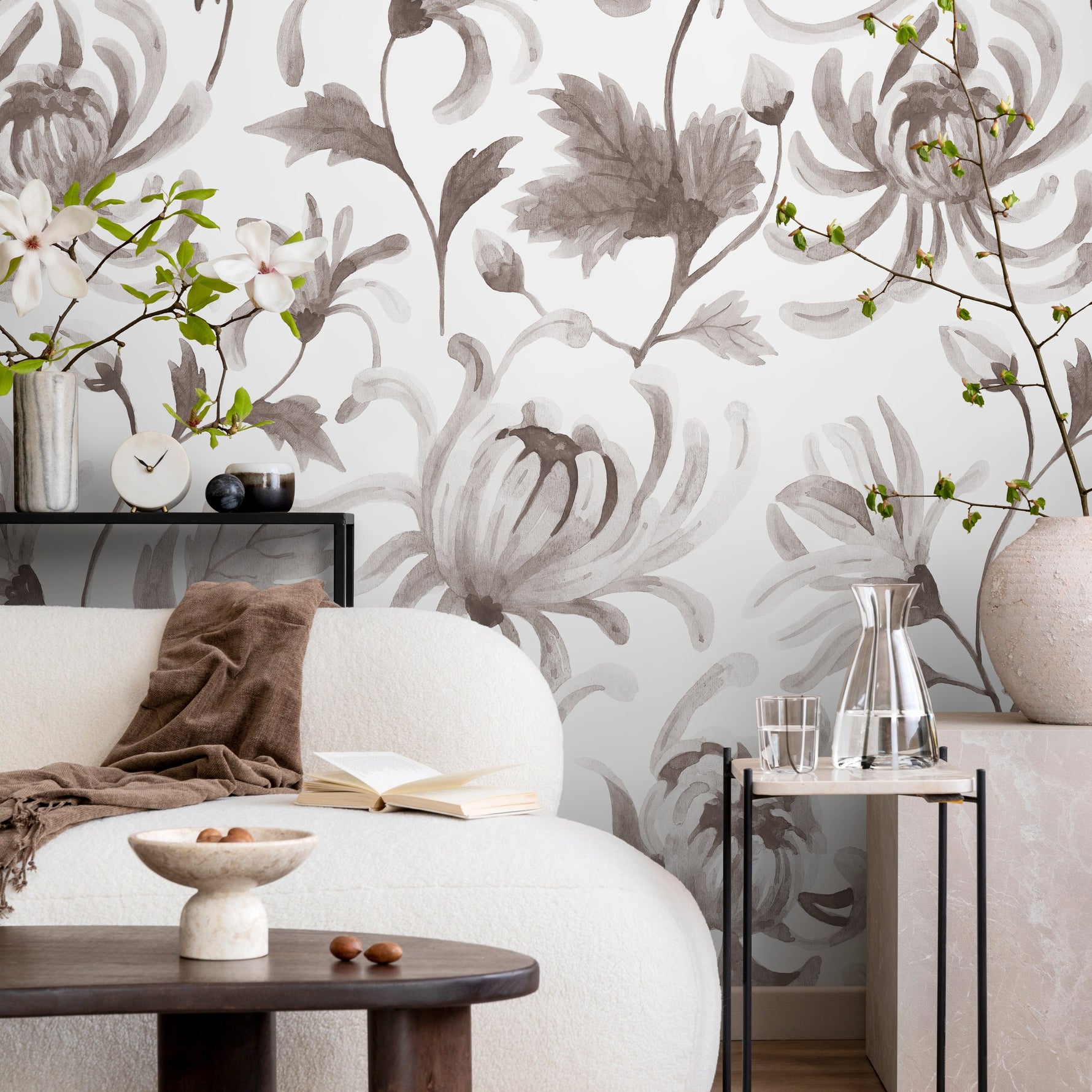 Gray Vintage Floral Wallpaper / Peel and Stick Wallpaper Removable Wallpaper Home Decor Wall Art Wall Decor Room Decor - C955