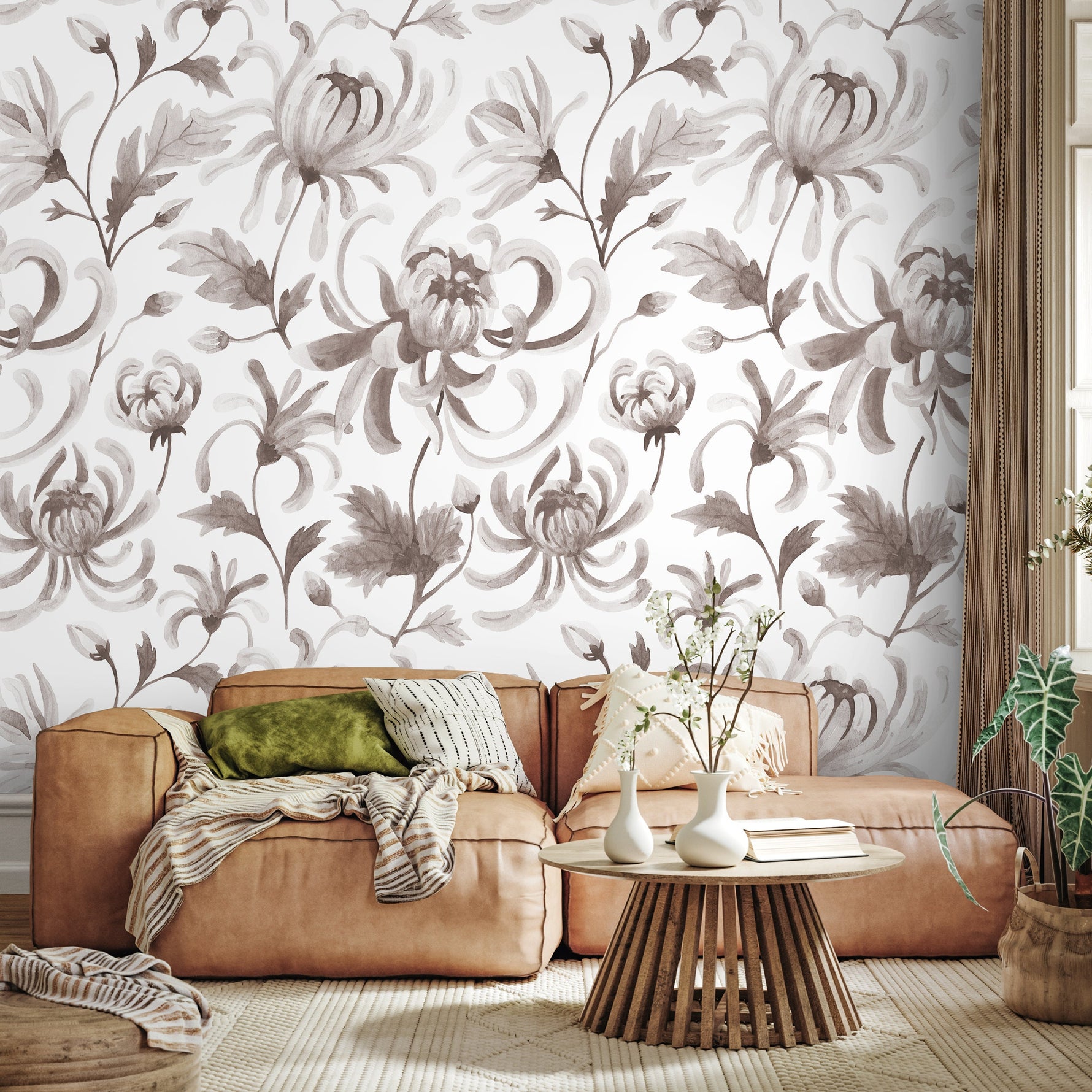 Gray Vintage Floral Wallpaper / Peel and Stick Wallpaper Removable Wallpaper Home Decor Wall Art Wall Decor Room Decor - C955