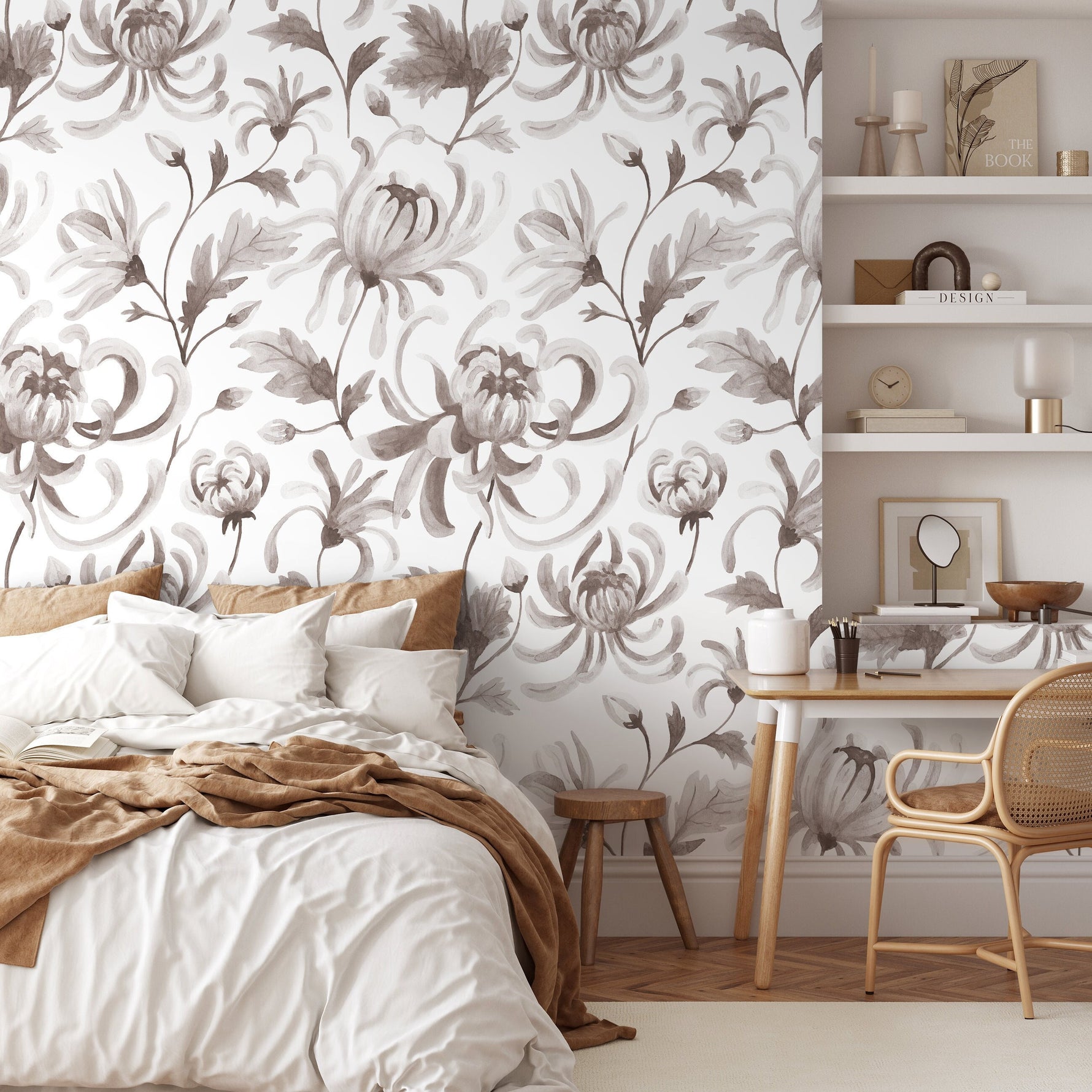 Gray Vintage Floral Wallpaper / Peel and Stick Wallpaper Removable Wallpaper Home Decor Wall Art Wall Decor Room Decor - C955