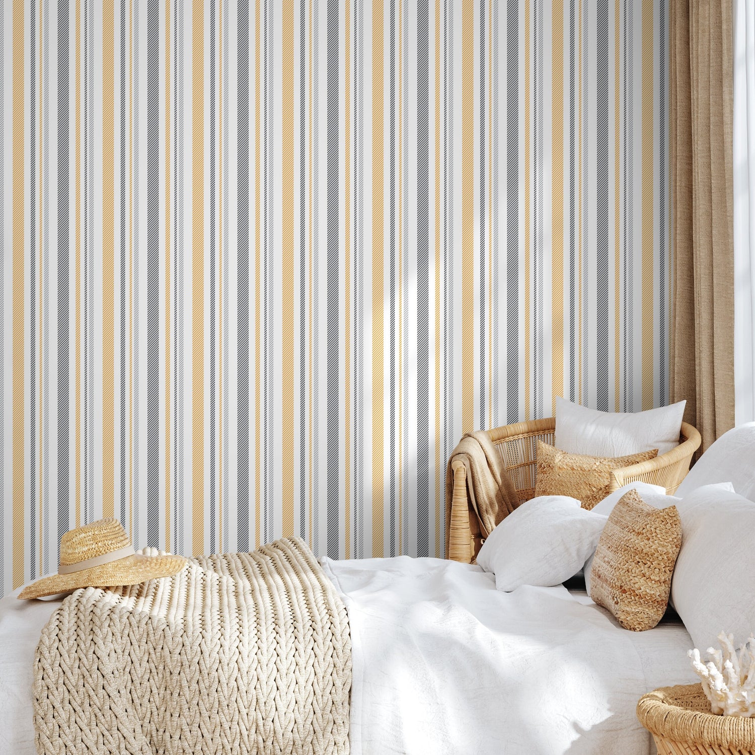 Yellow and Grey Wallpaper Striped Wallpaper Peel and Stick and Traditional Wallpaper - D843