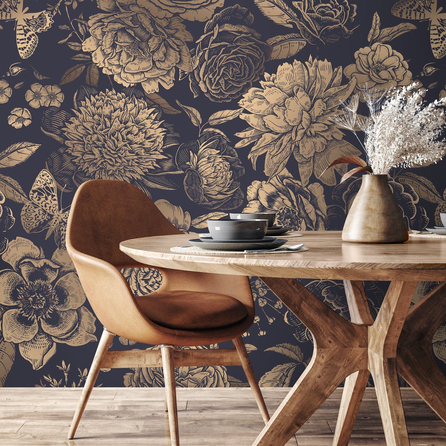 Gold Floral Wallpaper Vinatge Non-Metalic Wallpaper Peel and Stick and Traditional Wallpaper - A922