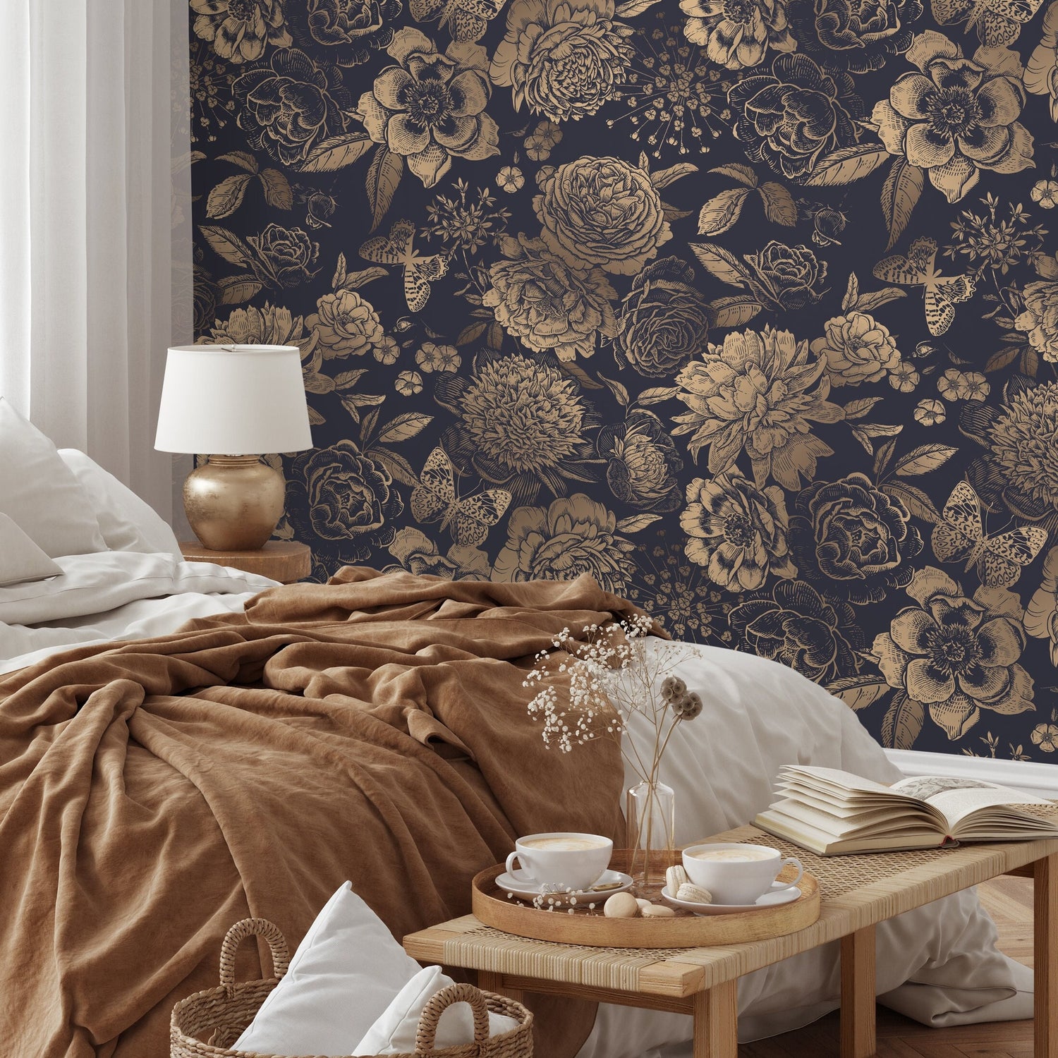 Gold Floral Wallpaper Vinatge Non-Metalic Wallpaper Peel and Stick and Traditional Wallpaper - A922