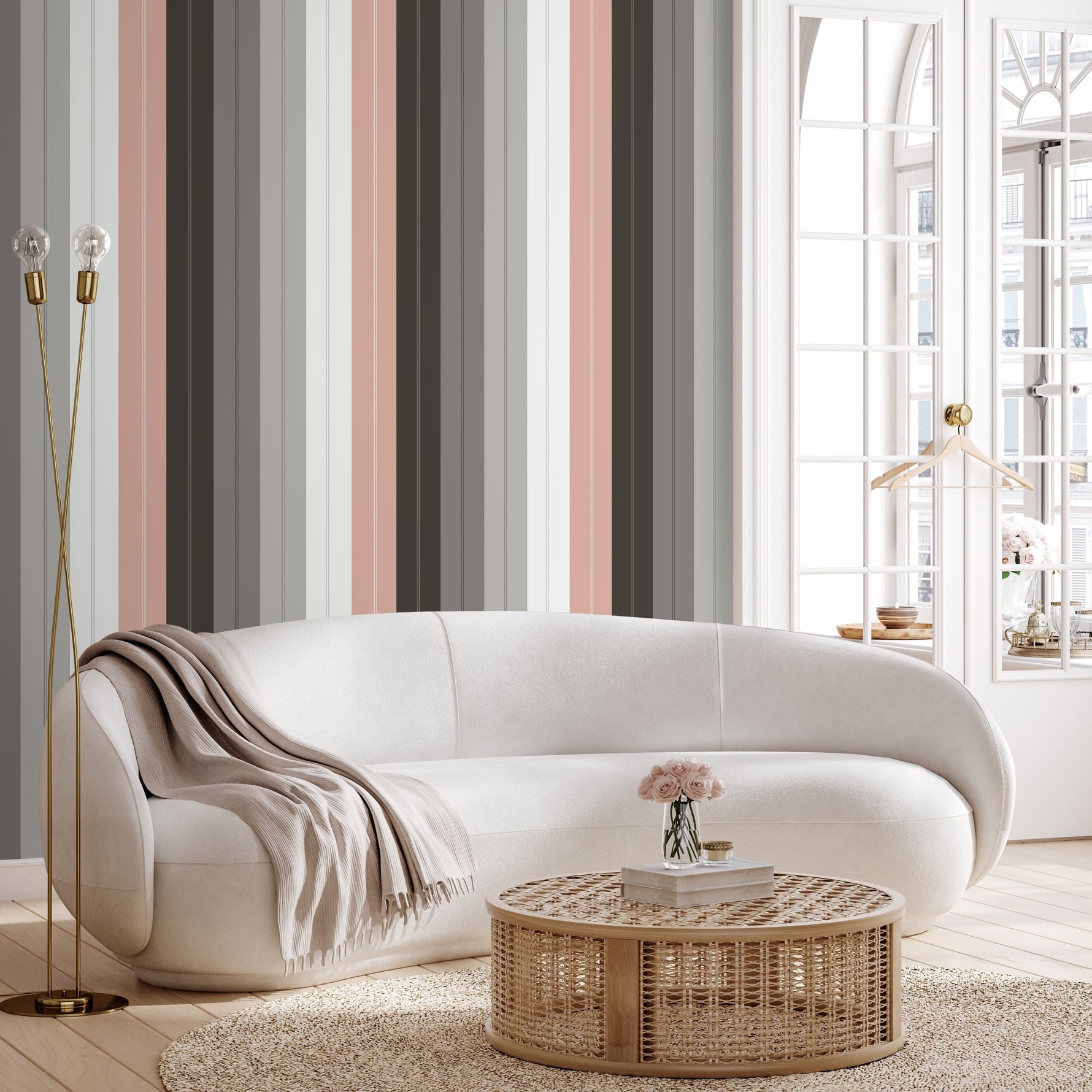 Grey and Pink Striped Wallpaper Modern Wallpaper Peel and Stick and Traditional Wallpaper - D857