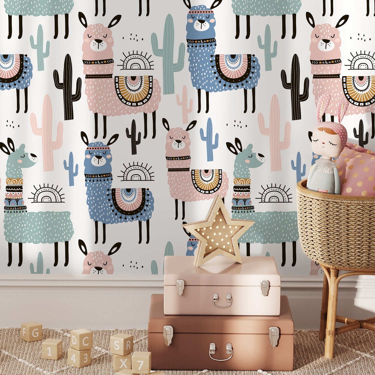 Removable Wallpaper, Scandinavian Wallpaper, Temporary Wallpaper, Peel and Stick Wallpaper, Colorful Alpaca - A740