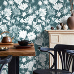 Teal Botanical Wallpaper Removable Wallpaper Peel and Stick Traditional Wallpaper Elegant Wall Art New Home Decor Bedroom Decor - X186