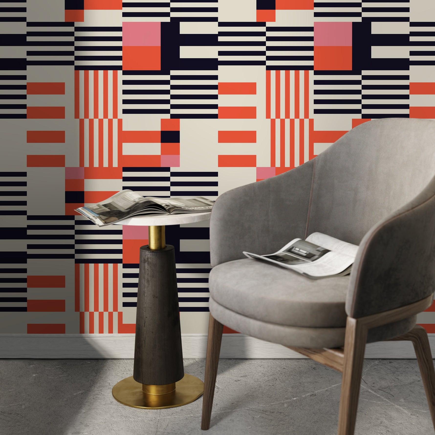 Geometric Wallpaper Modern Black and Orange Wallpaper Peel and Stick and Traditional Wallpaper - D848