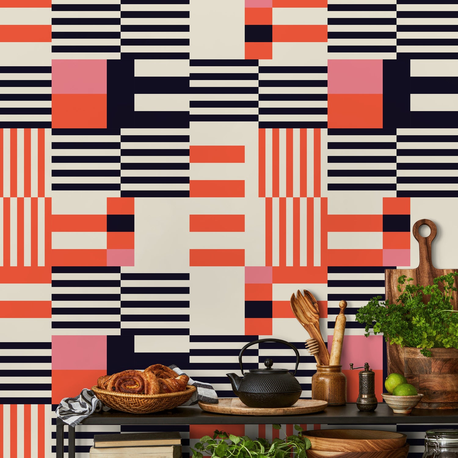 Geometric Wallpaper Modern Black and Orange Wallpaper Peel and Stick and Traditional Wallpaper - D848