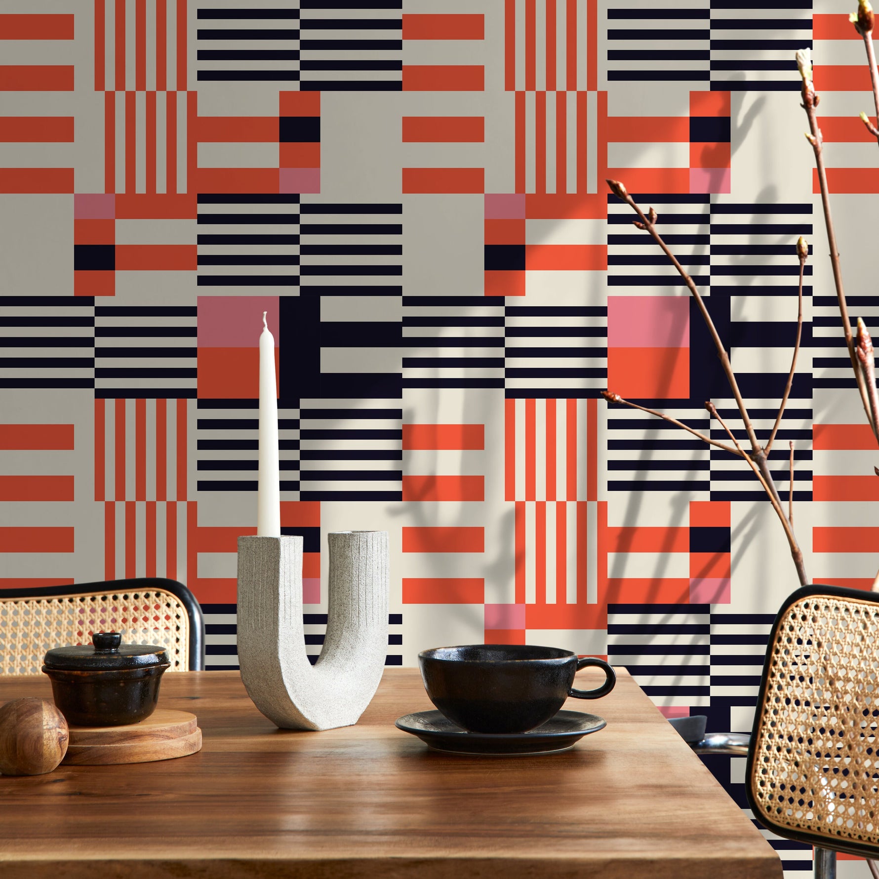 Geometric Wallpaper Modern Black and Orange Wallpaper Peel and Stick and Traditional Wallpaper - D848