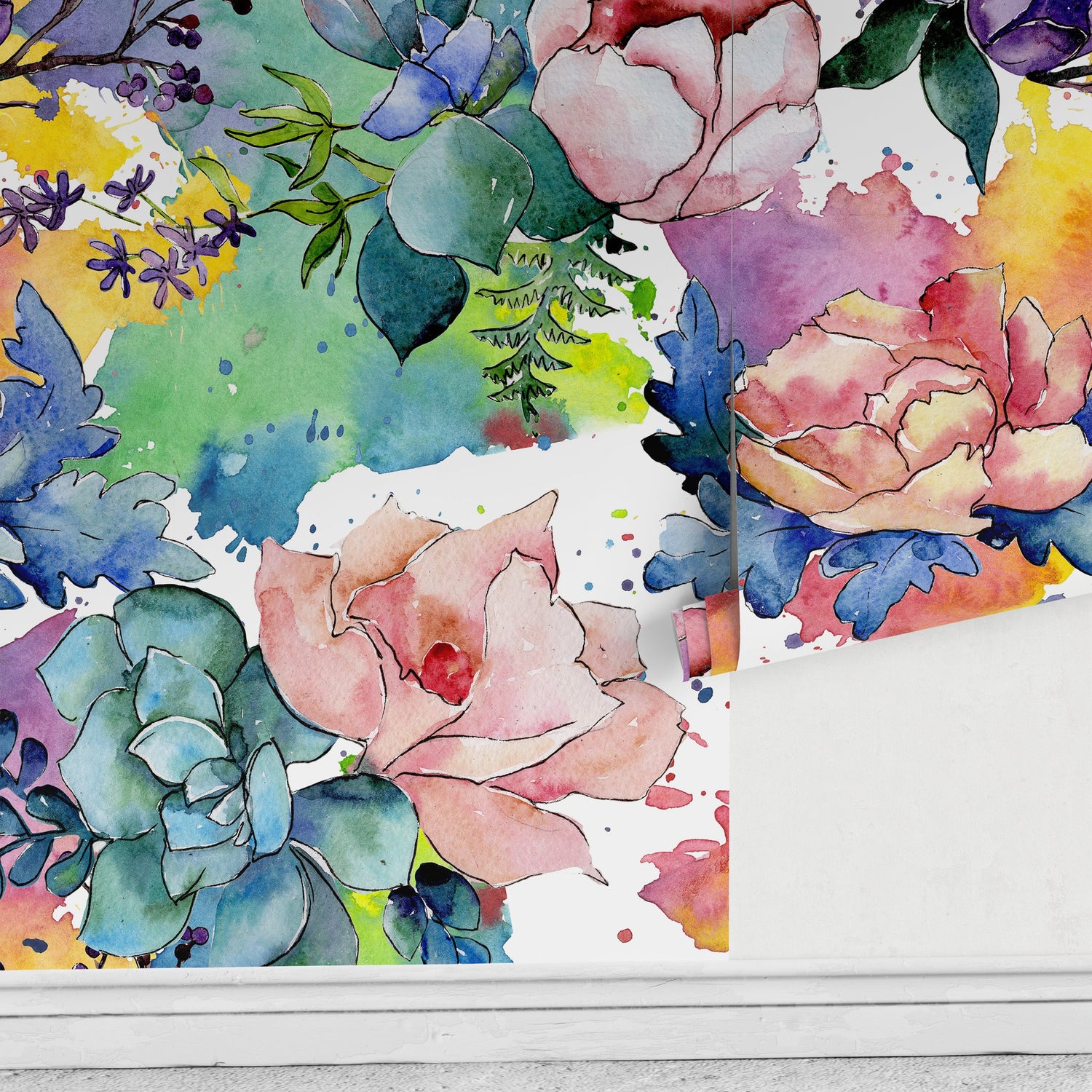 Floral Watercolor Wallpaper Peel and Stick and Traditional Wallpaper Colorful Wallpaper - B064