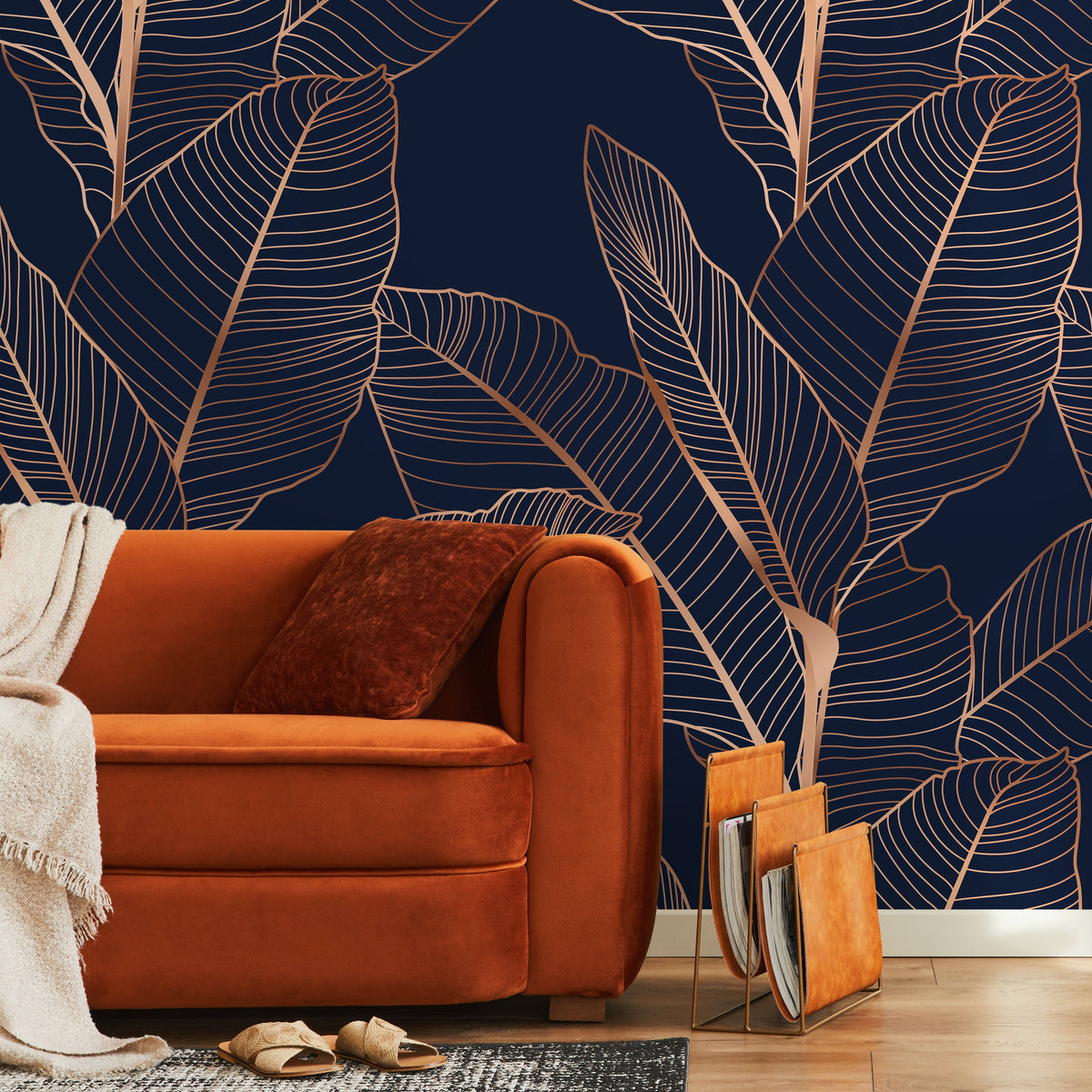 Tropical Navy and Gold Wallpaper Peel and Stick and Traditional Wallpaper Non-Metallic Wallpaper - B983