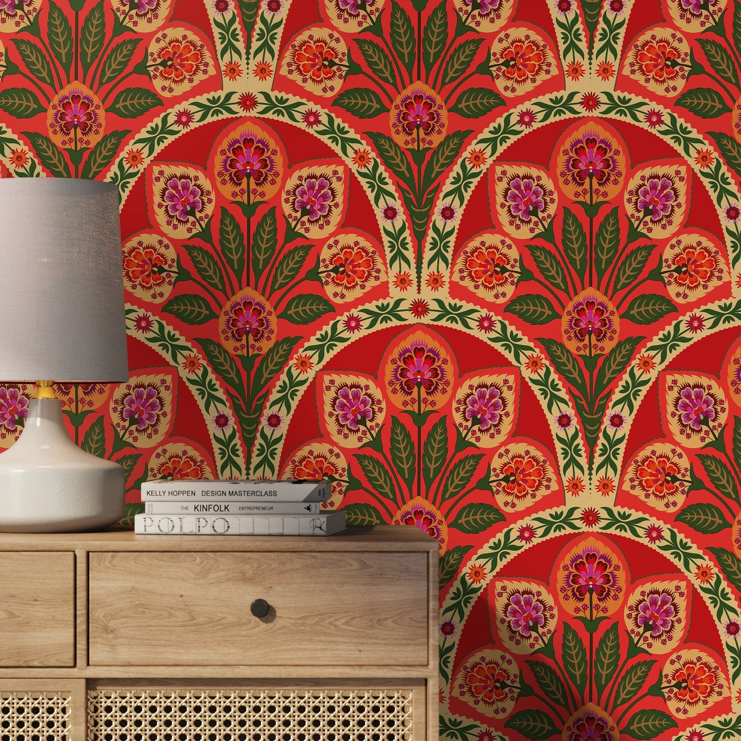 Red Boho Floral Wallpaper Peel and Stick and Traditional Wallpaper - C451