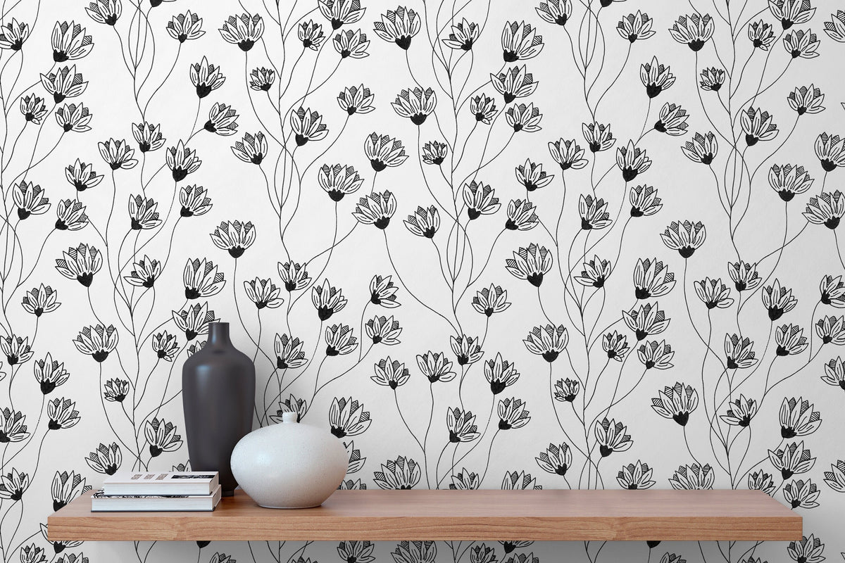 Black and White Wild Flowers Wallpaper / Peel and Stick Wallpaper Removable Wallpaper Home Decor Wall Art Wall Decor Room Decor - C839