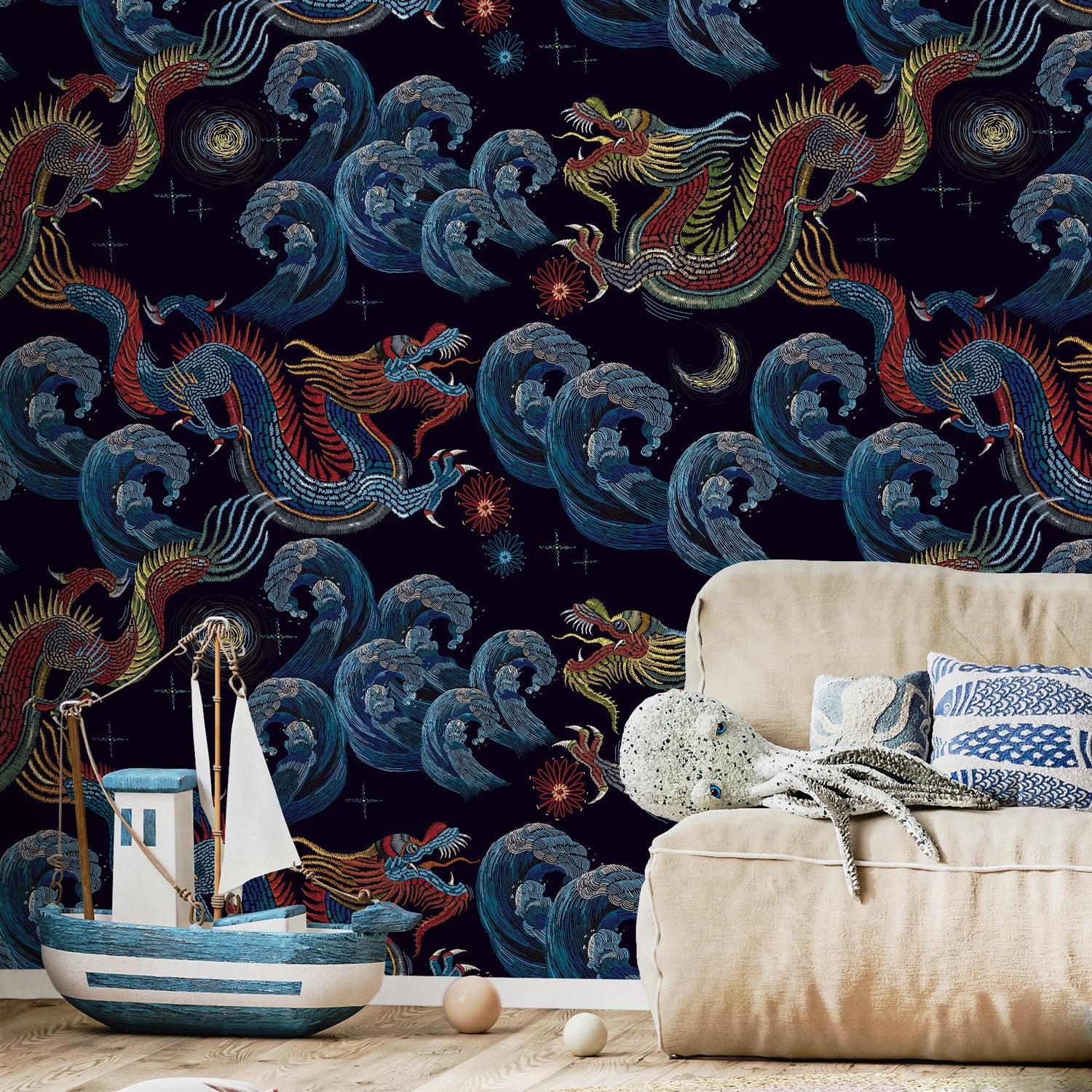 Vintage Chinoiserie Wallpaper Dragon Maximalist Wallpaper Peel and Stick and Traditional Wallpaper - D875