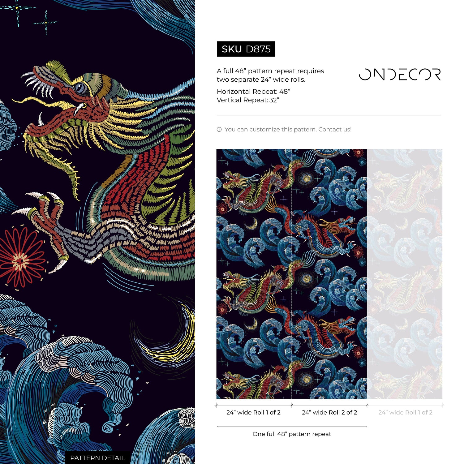 Vintage Chinoiserie Wallpaper Dragon Maximalist Wallpaper Peel and Stick and Traditional Wallpaper - D875